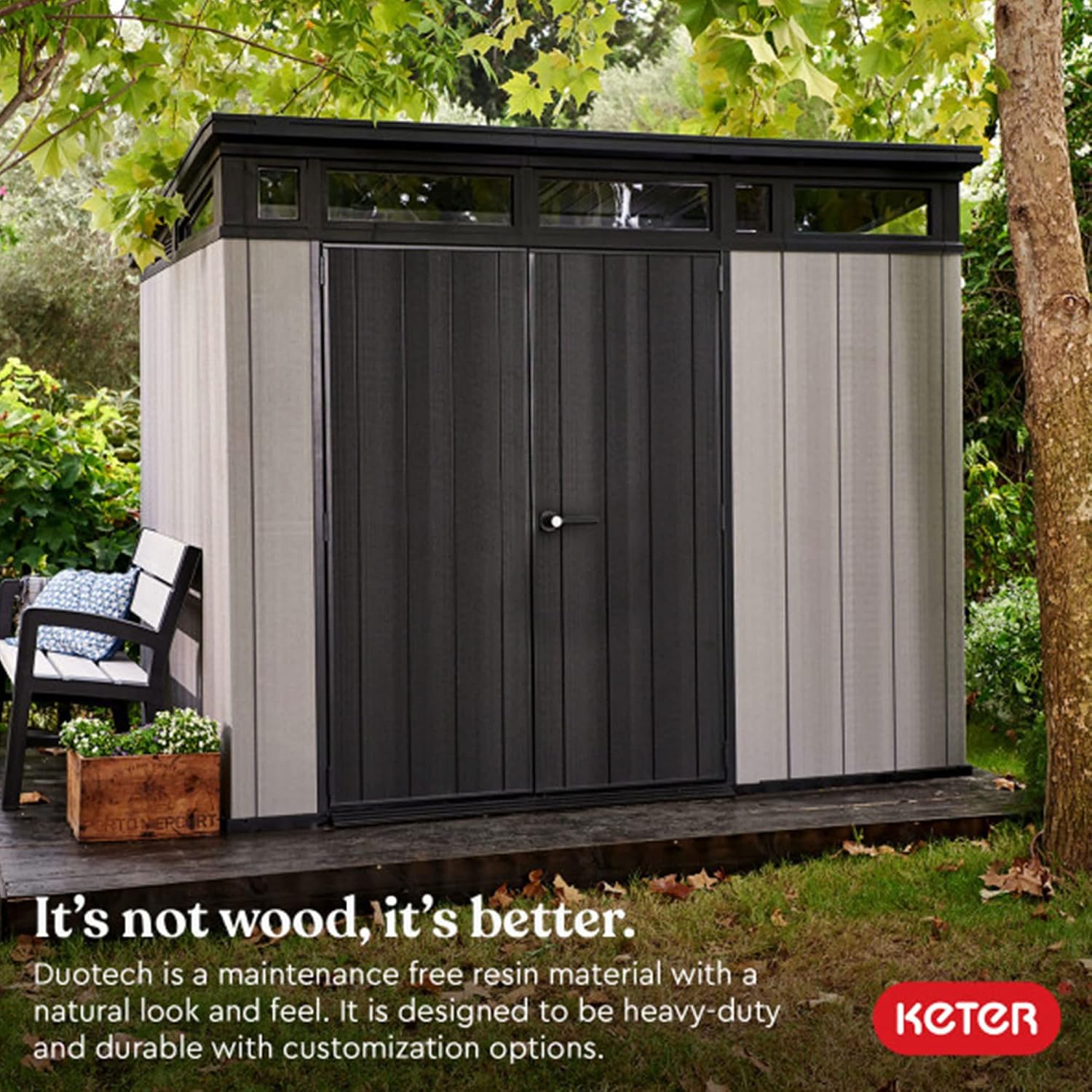 Keter Artisan 9x7 Foot Large Outdoor Shed with Floor with Modern Design for Patio Furniture, Lawn Mower, Tools, and Bike Storage, feet, Grey/Black