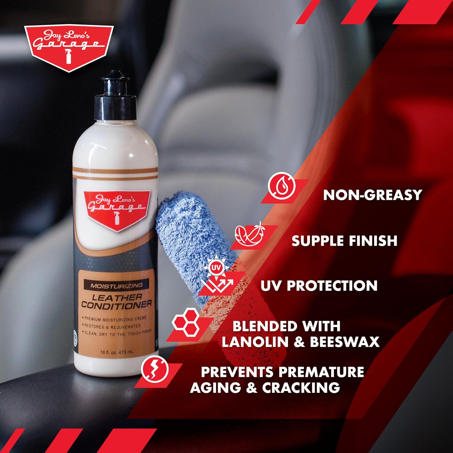 Jay Leno's Garage Leather Cleaner – Deep-Cleaning Leather Seat Cleaner for Car Interior, pH-Balanced Car Refresher That Gently Cleans, Lifts Grime, Refurbish and Restores All Leather Surfaces (16 oz)