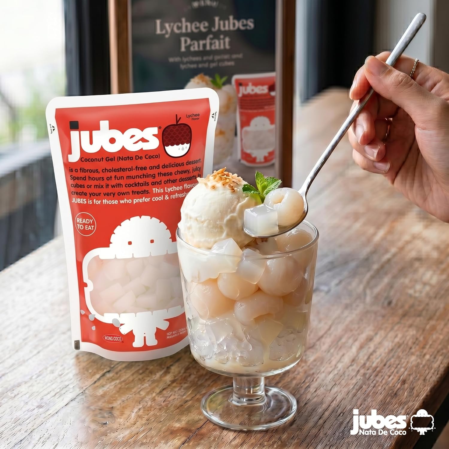 Jubes Pandan Nata De Coco Jelly Cubes (12.7 oz, Pack of 3) - Pandan Coconut Jelly Cubes for Sago - Coconut Gel in Syrup Toppings for Fruit Tea, Boba, Bubble Tea, Drinks, Desserts Yogurt, Ice Cream, Beverage