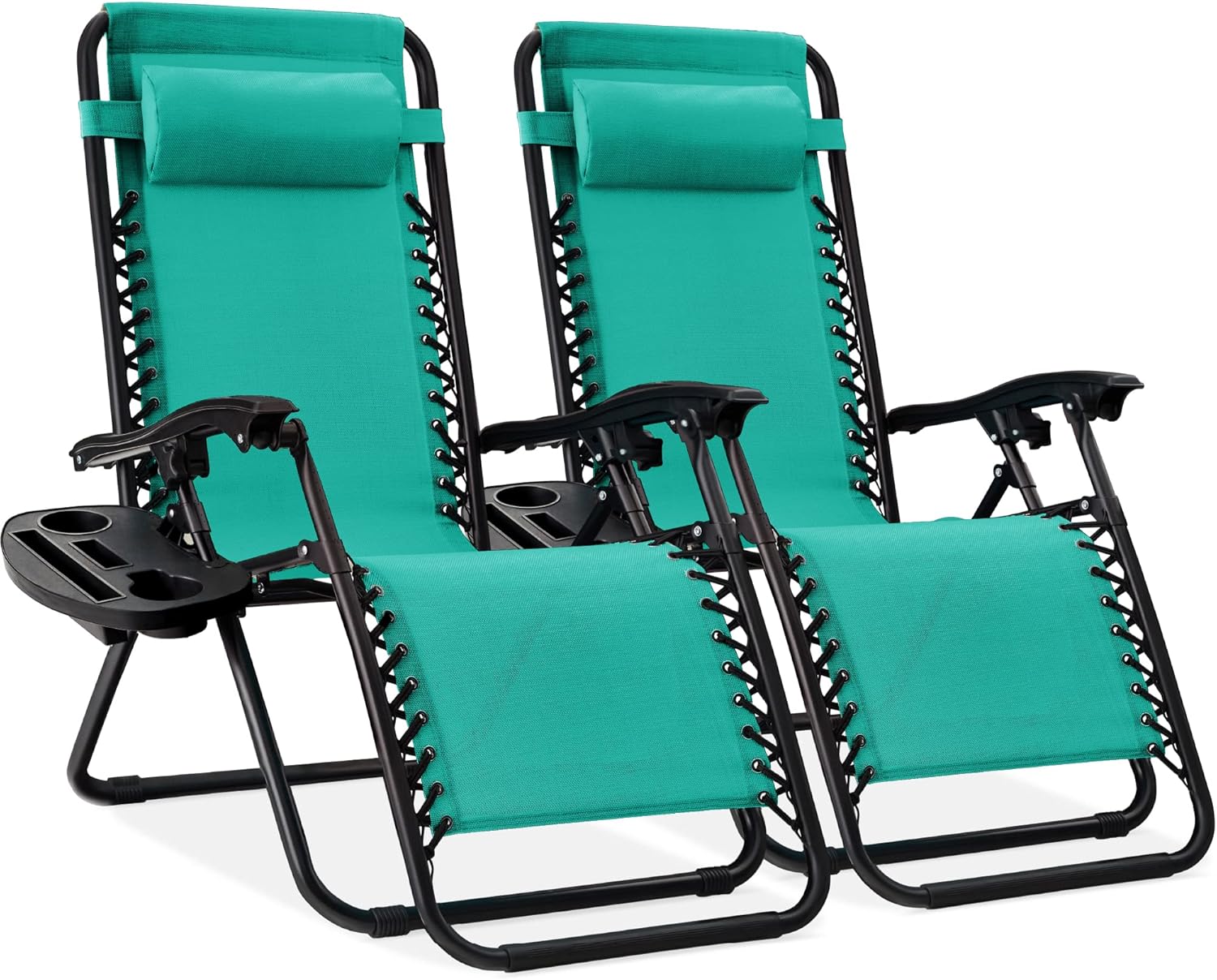 Best Choice Products Set of 2 Adjustable Steel Mesh Zero Gravity Lounge Chair Recliners w/Pillows and Cup Holder Trays - Light Blue