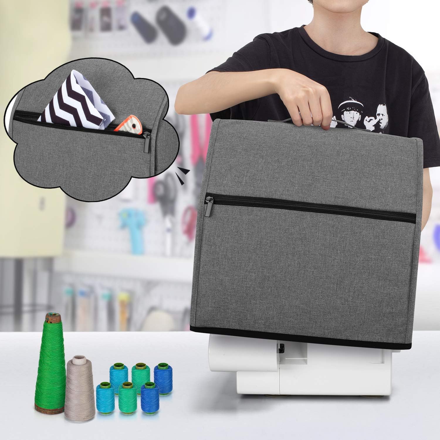 LUXJA Serger Machine Cover with Storage Pockets, Gray Dots