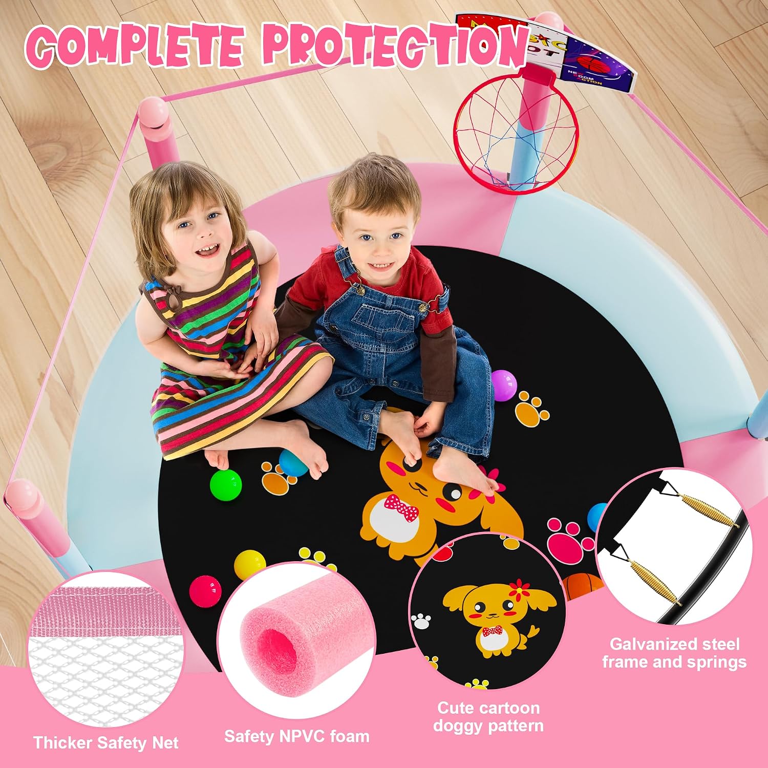VGMiu 60" Trampoline for Kids, Toddler Trampoline Indoor with Net, Age 3-8