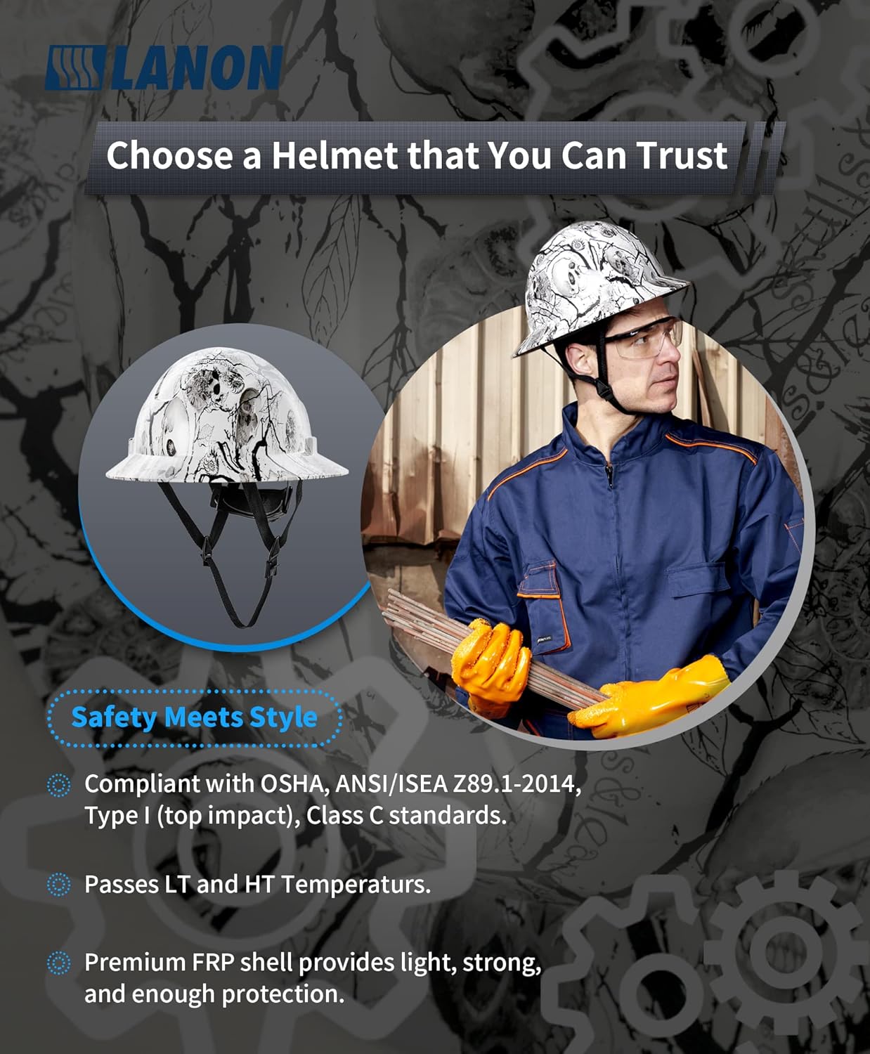LANON Full Brim FRP Hard Hat, Class C, Premium Charcoal Gray Design