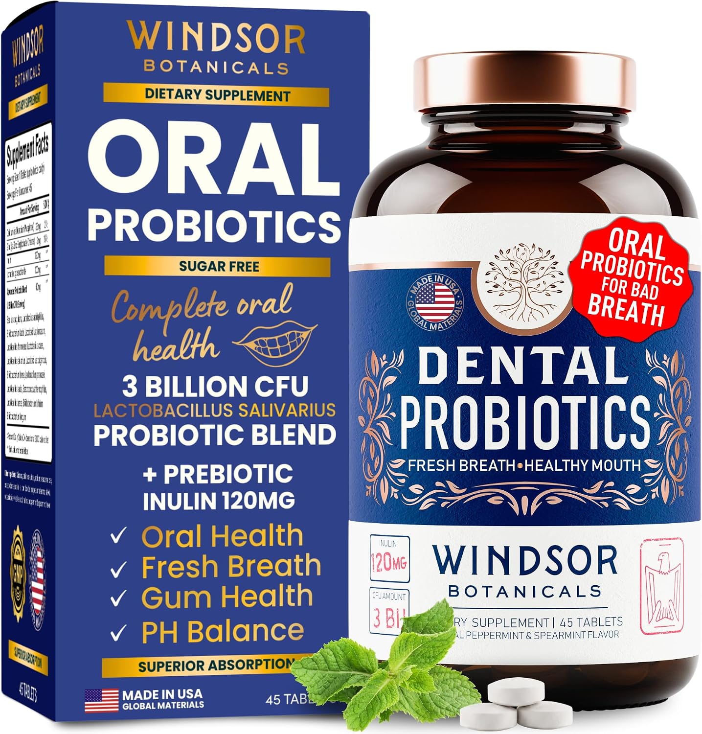 Oral Probiotics for Teeth and Gums - 3BN CFU Lactobacillus Salivarius Acidophilus Rhamnosus Streptococcus - Bad Breath Treatment for Adults - 45
