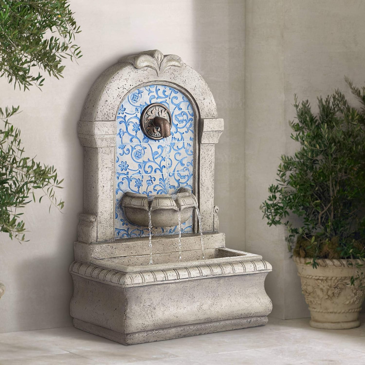 Manhasset 30 1/4" High Stone and Blue Outdoor Floor Large Fountain | Italian Decor Faux Standing Waterfall Tiered Cascading Water Feature for