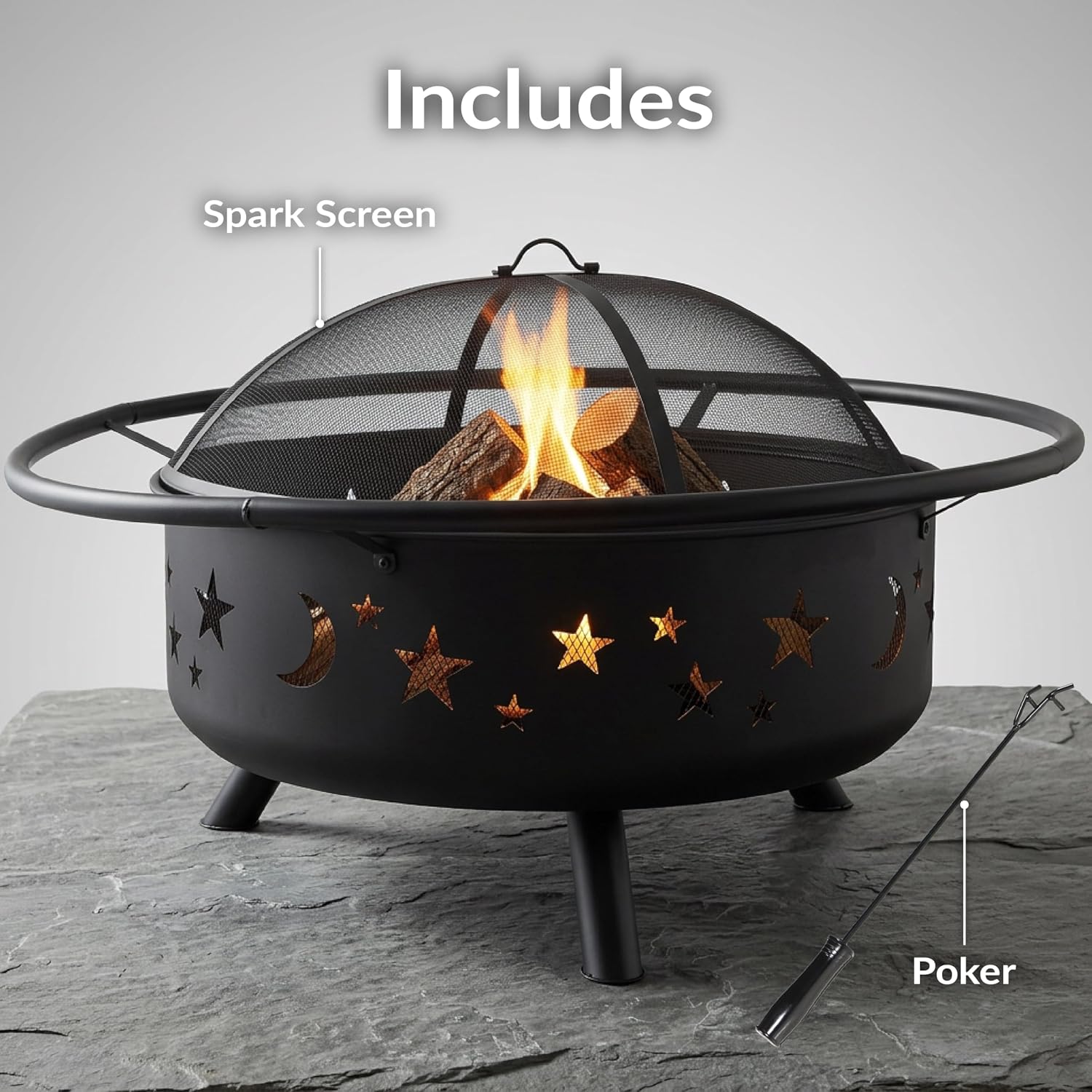 Sunnydaze Cosmic 42" Large Outdoor Fire Pit, Wood Burning, 34" Bowl Dia | Bronze, Heavy Duty Steel Metal, Includes Spark Screen, Wood Grate, & Poker, Round Backyard Firepit for Outside, Patio, Deck