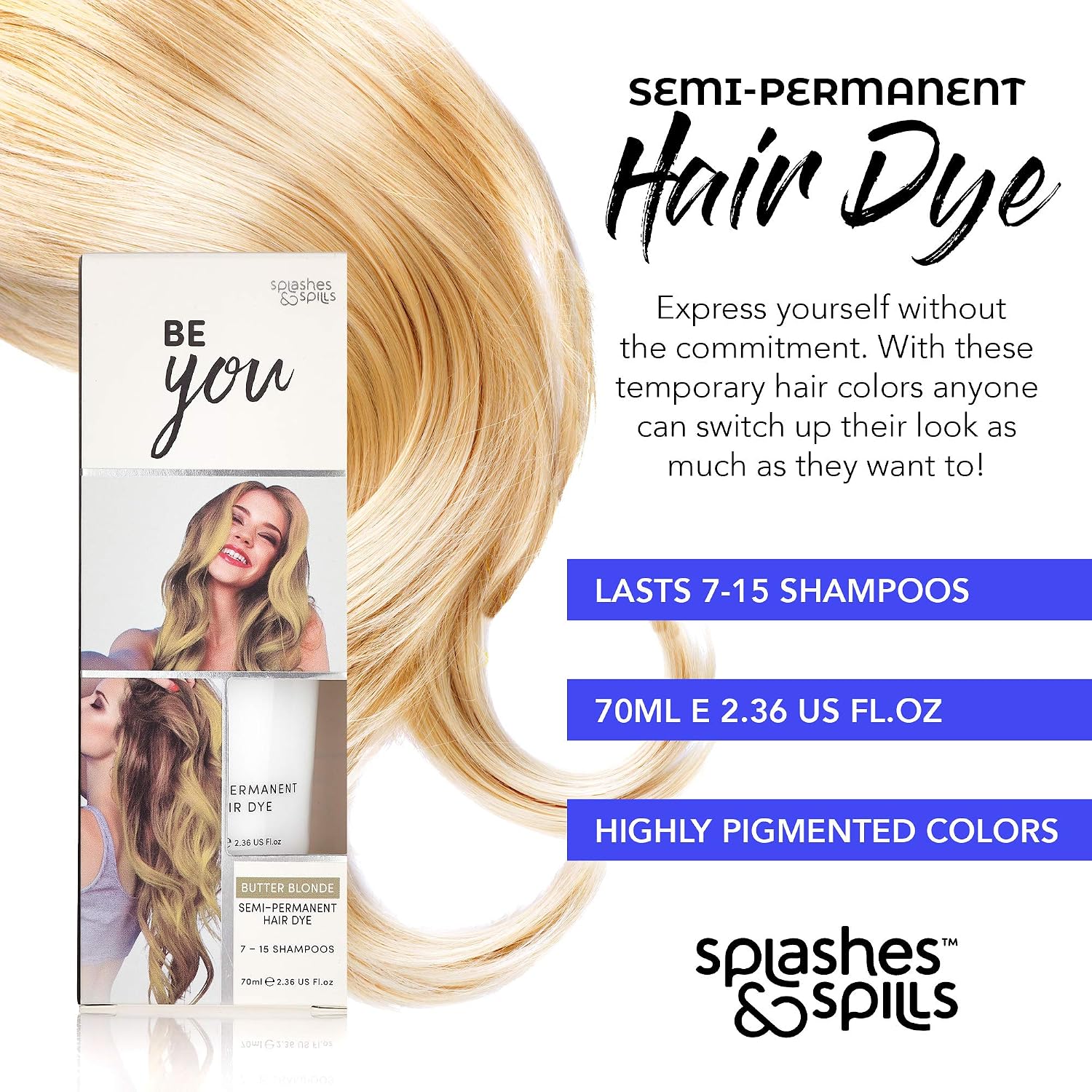 Semi-Permanent Butter Blonde Hair Dye - Vibrant 2.36 Oz. Tubes Temporary Hair Color - Ammonia and Peroxide Free -Vegan and 100% Cruelty-Free Toner - Lasts for 7-15 Shampoos - by Splashes and Spills