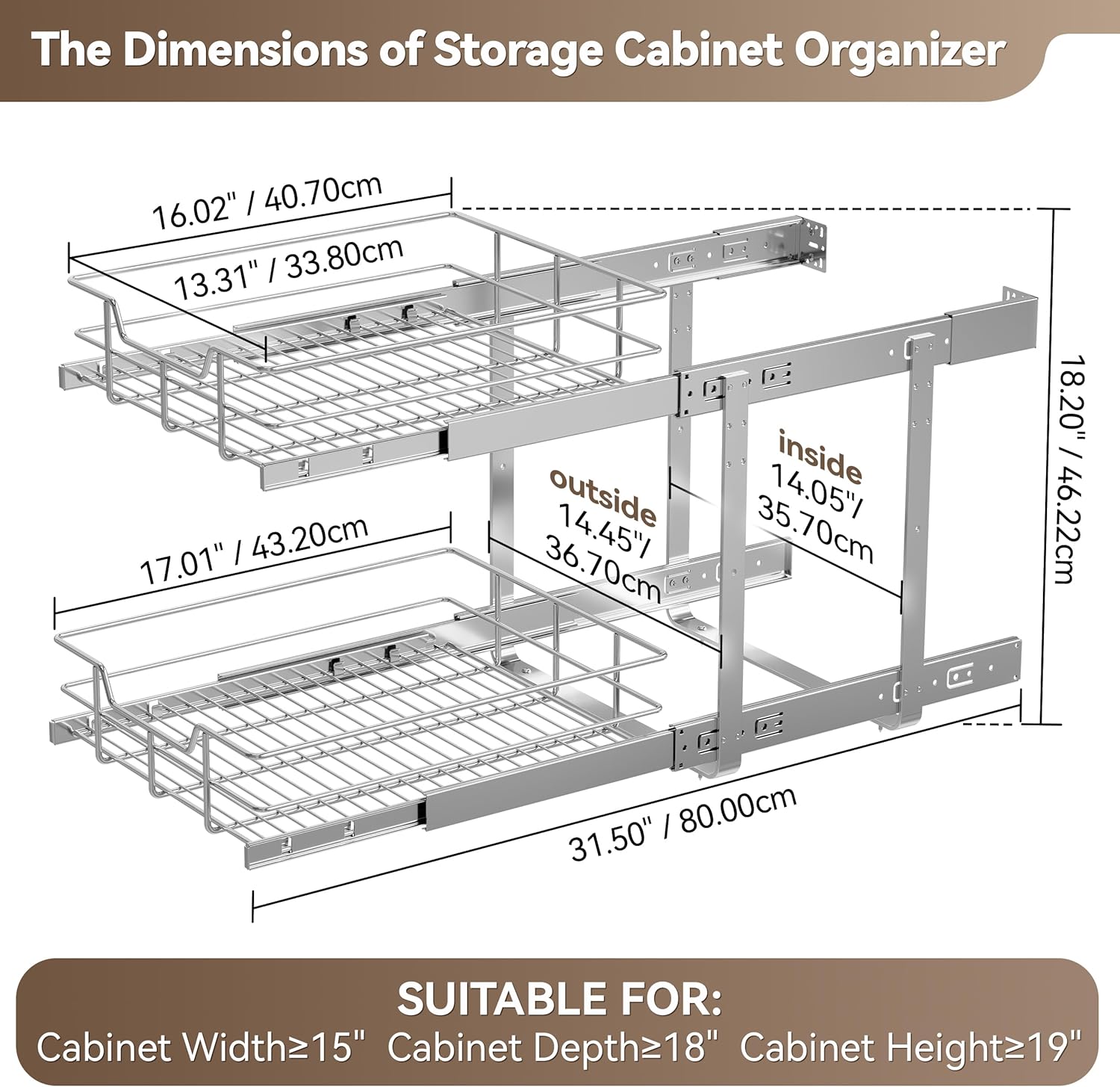 2 Tier Pull Out Cabinet Organizer 11" W X 22" D, Chromed, Full Slide Out