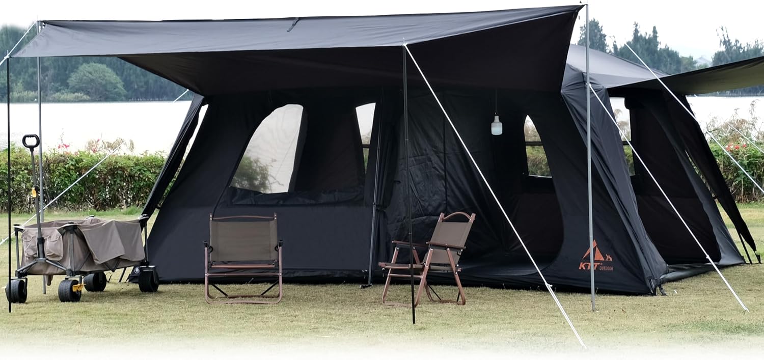 KTT Extra Large Tent 12-14 Person, Family Cabin Tents, 2 Rooms, Straight Wall, 2 Doors 4 Windows with Mesh, Waterproof, Double Layer