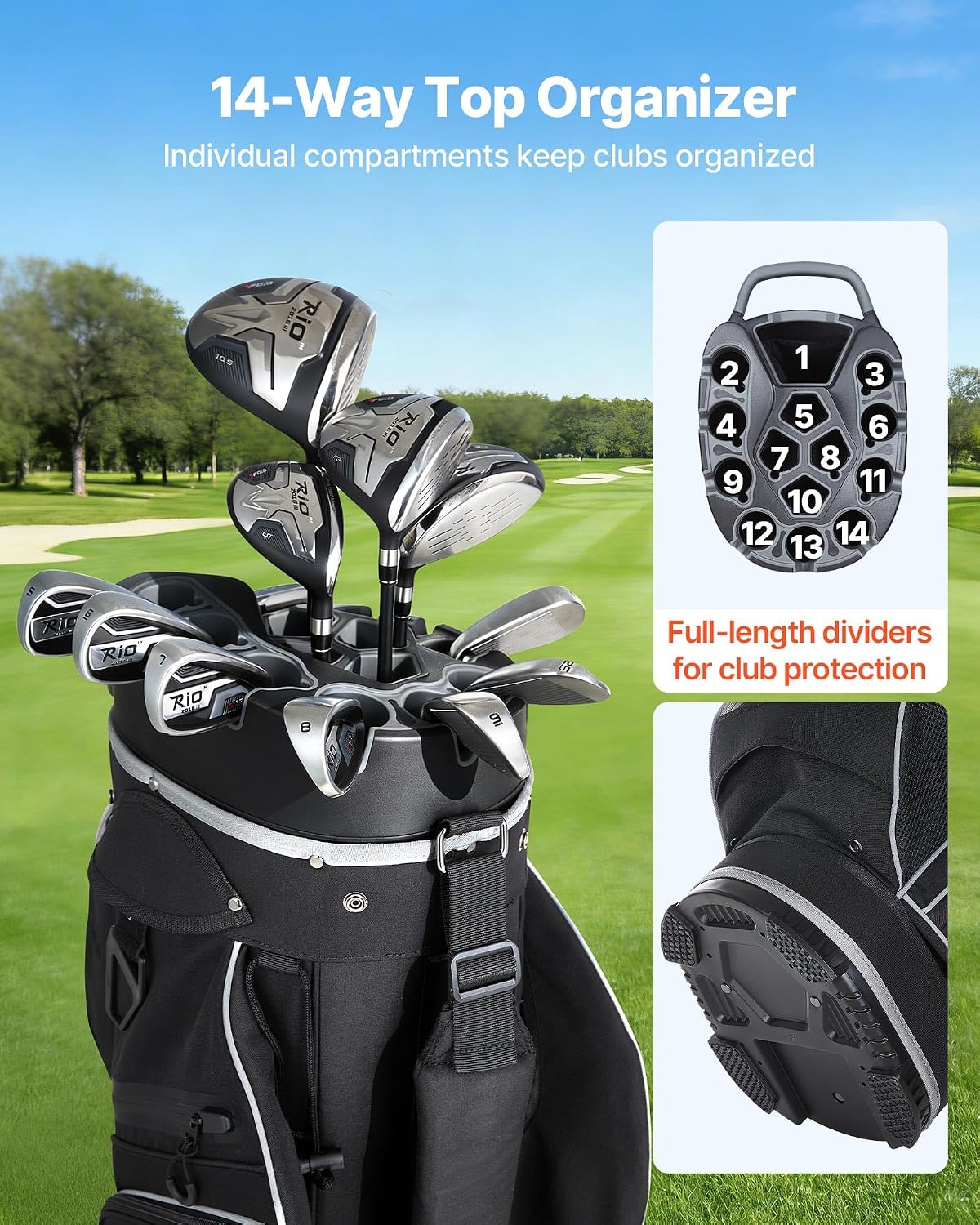 VEVOR Golf Cart Bag, 14 Way Molded Lock Top Divider Organizer, Golf Club Bag with Full-Length Divider, Handles, Storage Pockets, Shoulder Strap, Rain Hood, Smooth Zippers for Men & Women