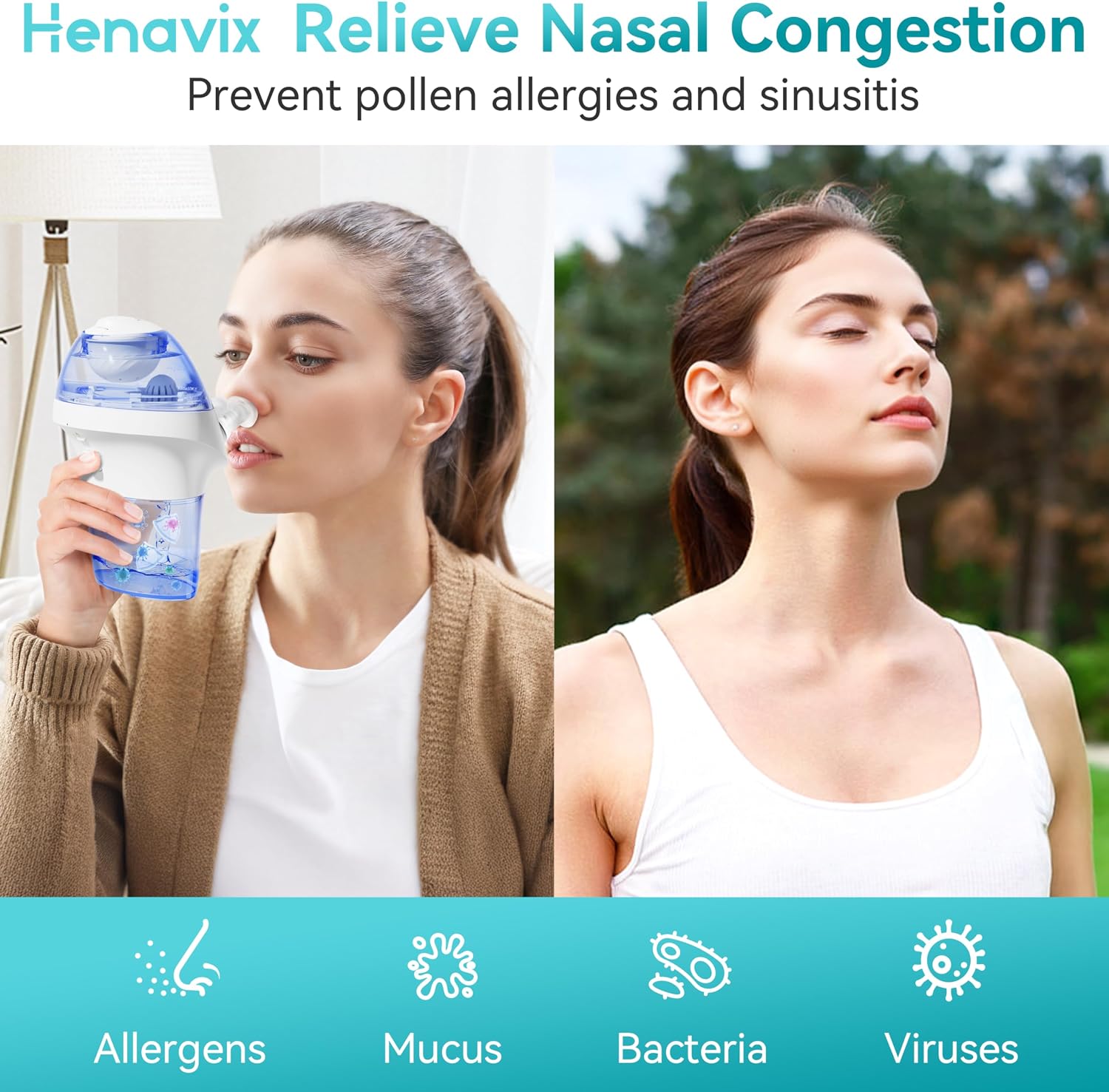 Rechargeable Nasal Irrigation System with 15 Saline Packets, Upgraded Sinus Rinse Kit with 40° Auto-Stop & Self-Cleaning, Nose Cleaner for Relieving Nasal Discomfort, Portable for Home & Travel
