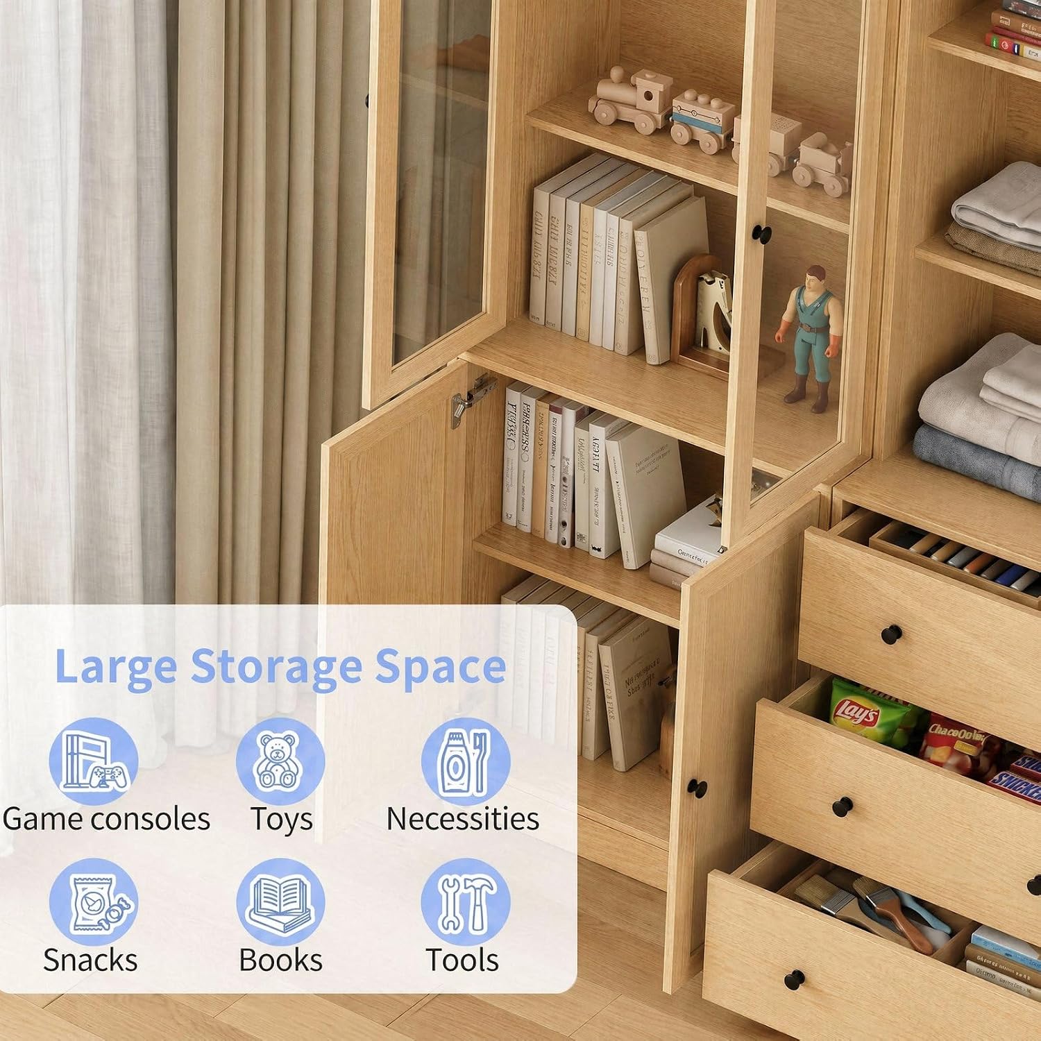 TUSY 71" H Bookcase with Storage | 6-Tier Modern Bookshelf with Drawers, Display Bookcase with Glass Doors, White Curio Cabinet for Home Office, Living Room