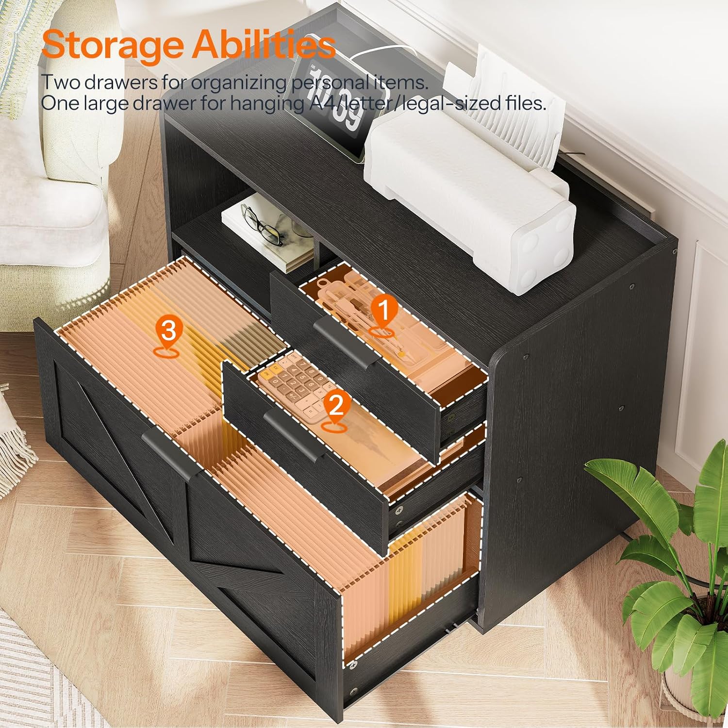 HOOBRO Lateral File Cabinet, Wooden Office Storage Drawers with Charging Station, Filing Cabinet for Home Office, A4/Letter/Legal-Sized Files, Printer Stand with Open Storage Spaces, White WT37UWJ01