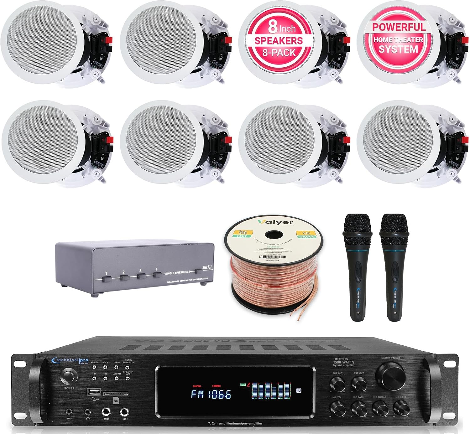 Vaiyer Home Audio System Kit, 7.2 Channel 1500W Bluetooth Amplifier | w/ 8 Qty of 5.25" Ceiling Speakers 175W Each, 4-Ch Speaker Selector