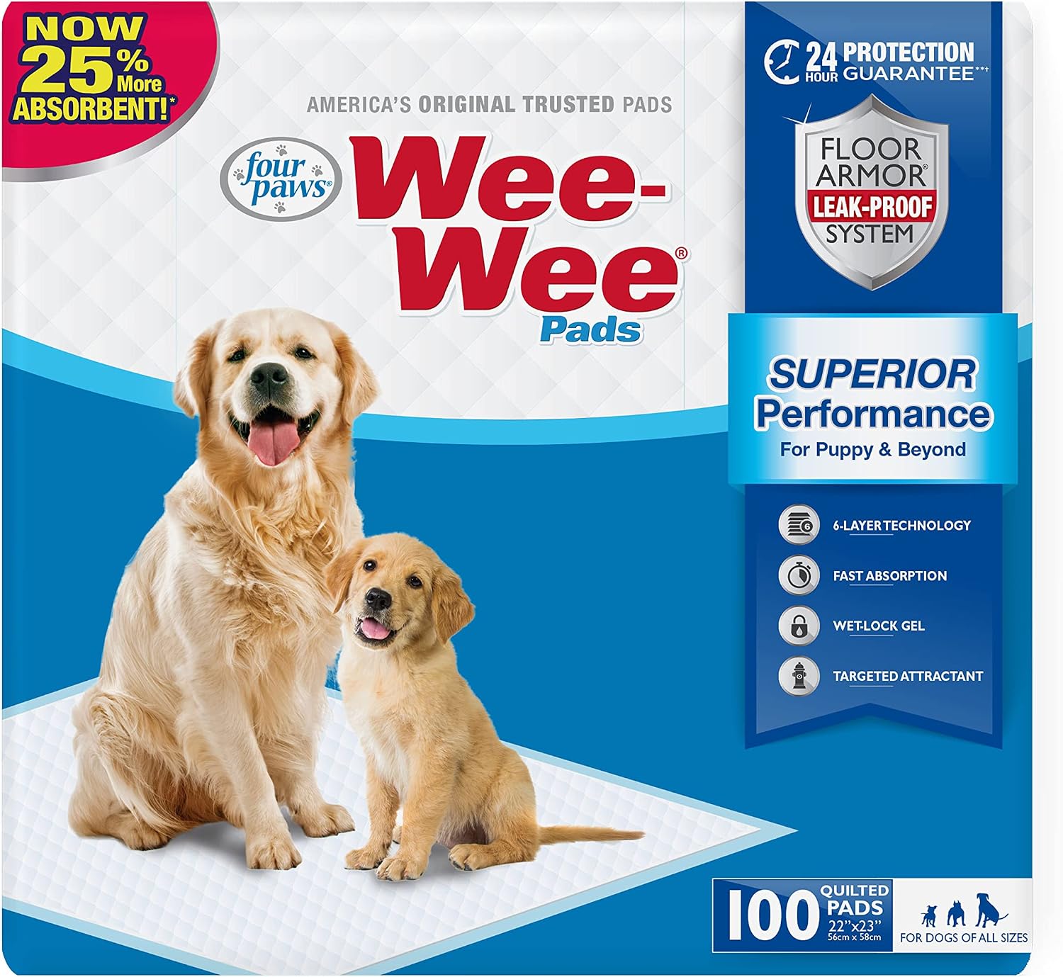 Four Paws Wee-Wee Superior Performance Dog Pee Pads, 100 Count | Quilted leak-proof puppy pads, dog housebreaking & potty training