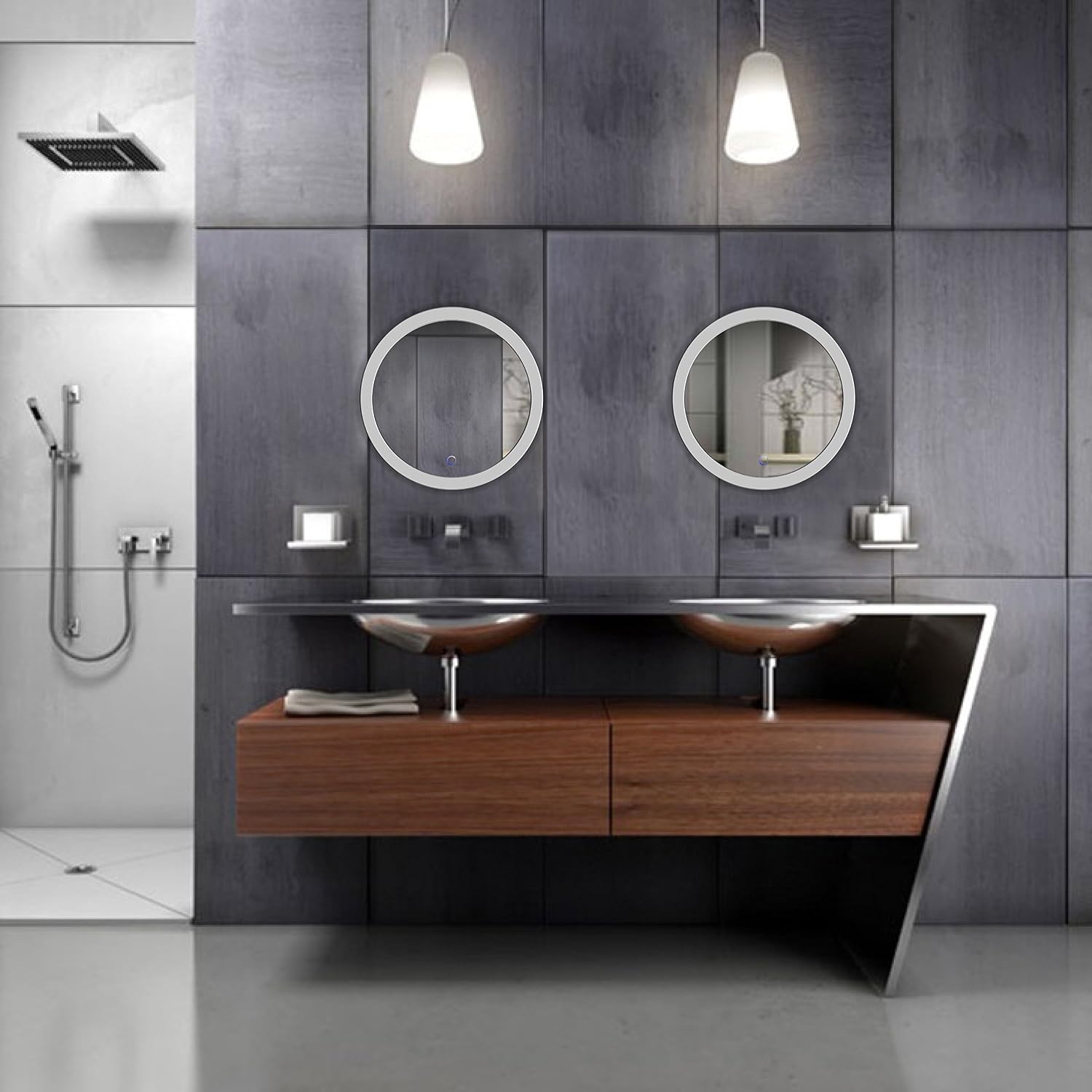 LED Bathroom Round Mirror 22 Inch Diameter | Lighted Vanity Mirror Dimmer & Defogger + Silver Backed Glass | |
