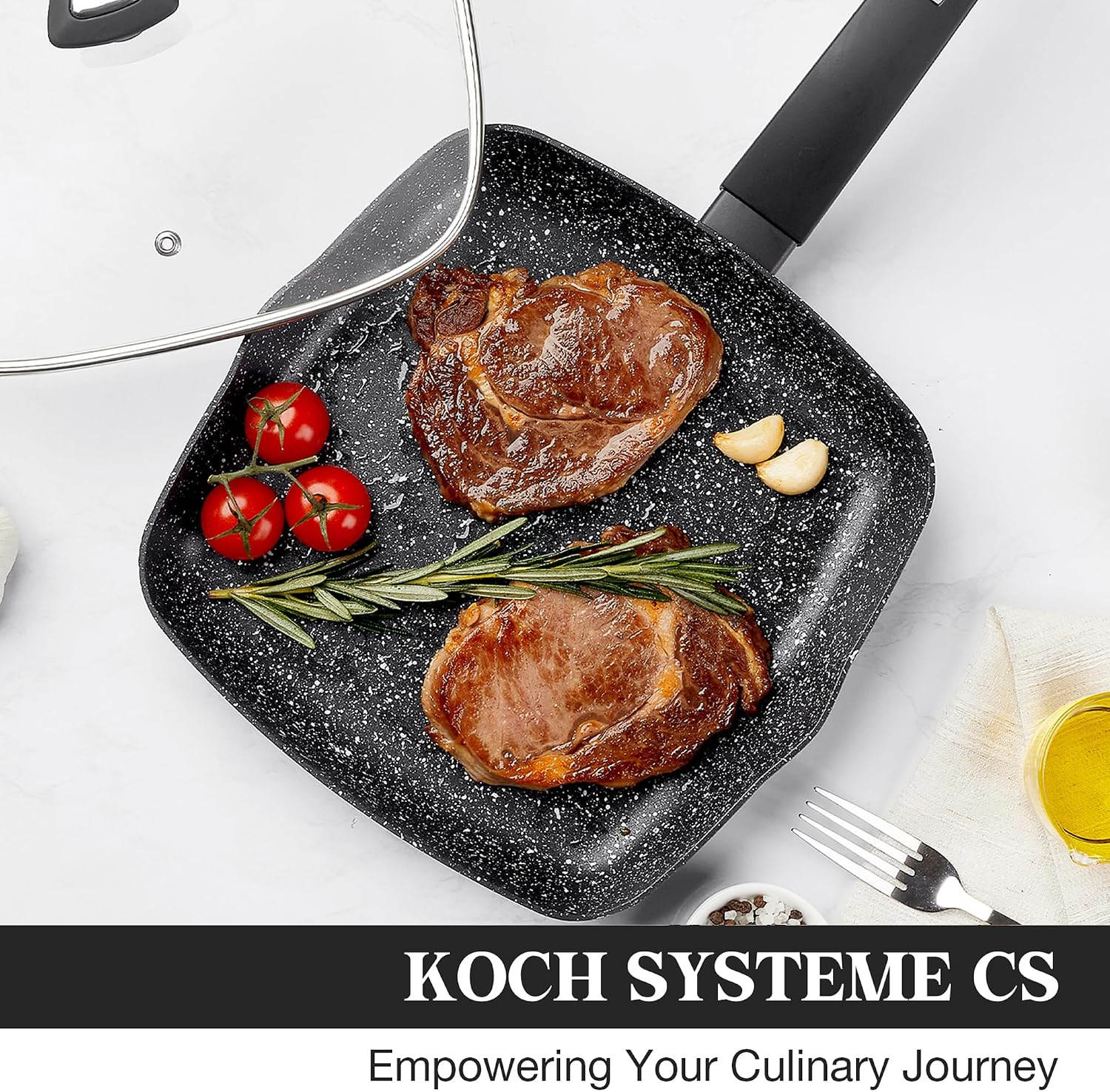 KOCH SYSTEME CS 9.5 Inch Nonstick Grill Pan for Stove Tops, Marble Coating Square Grill Skillet with Lid, Fry Pan Compatible with all Stoves