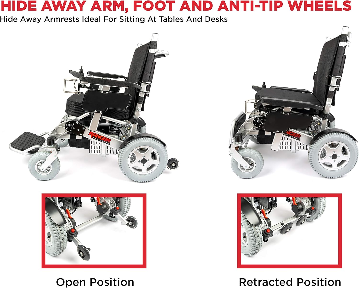 Porto Mobility Ranger The Beast Ultra Heavy Duty Foldable Electric Wheelchair Holds 500lbs 400W Horse Power Dual Motor Folding All Terrain Power