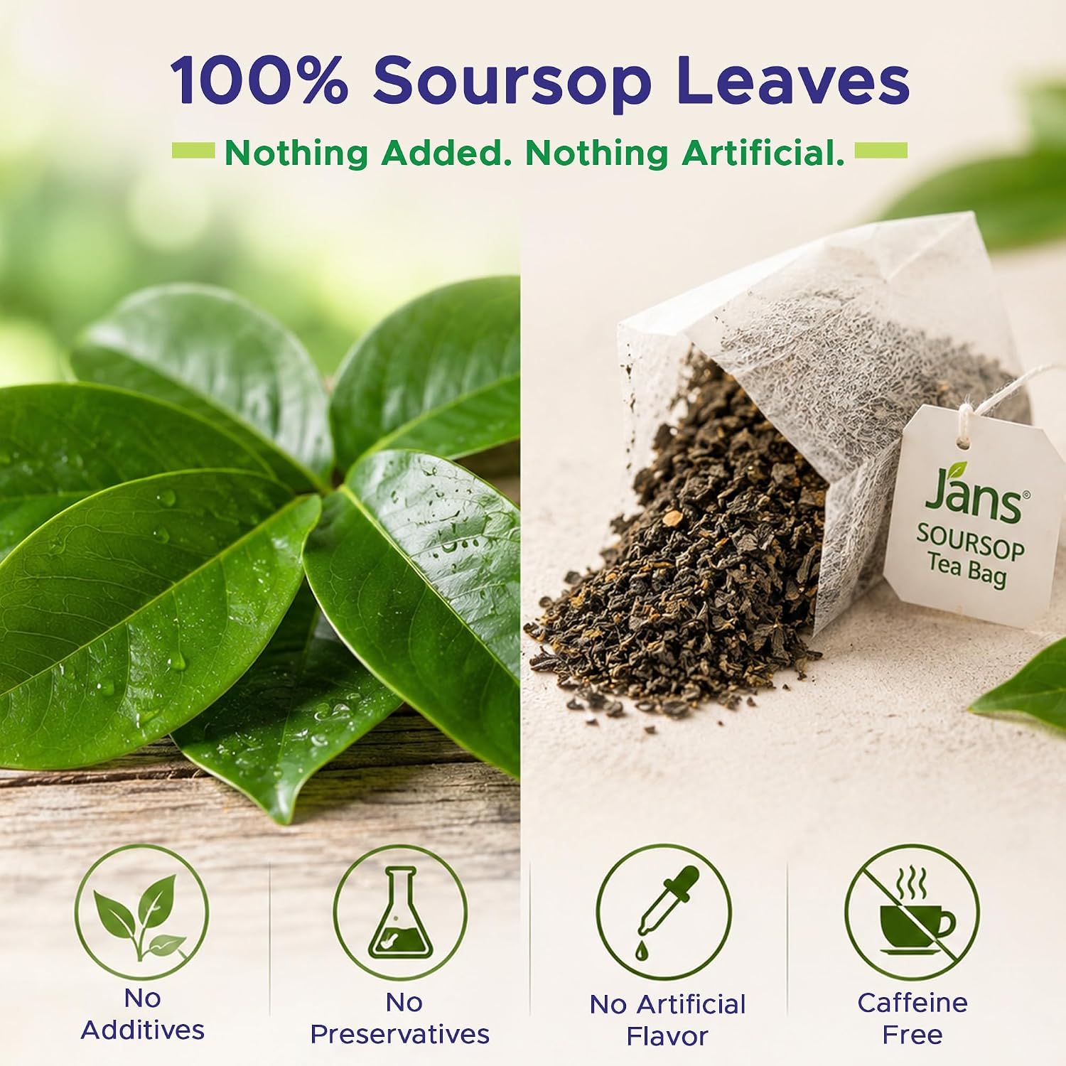 Jans Soursop Tea Bags 25 Count | 100% Natural Soursop Leaves | Caffeine Free Sour Sop Tea | Vegan Herbal Tea | Individually Wrapped Tea Bags | Cholesterol Free Sugar Free Relaxation Beverage
