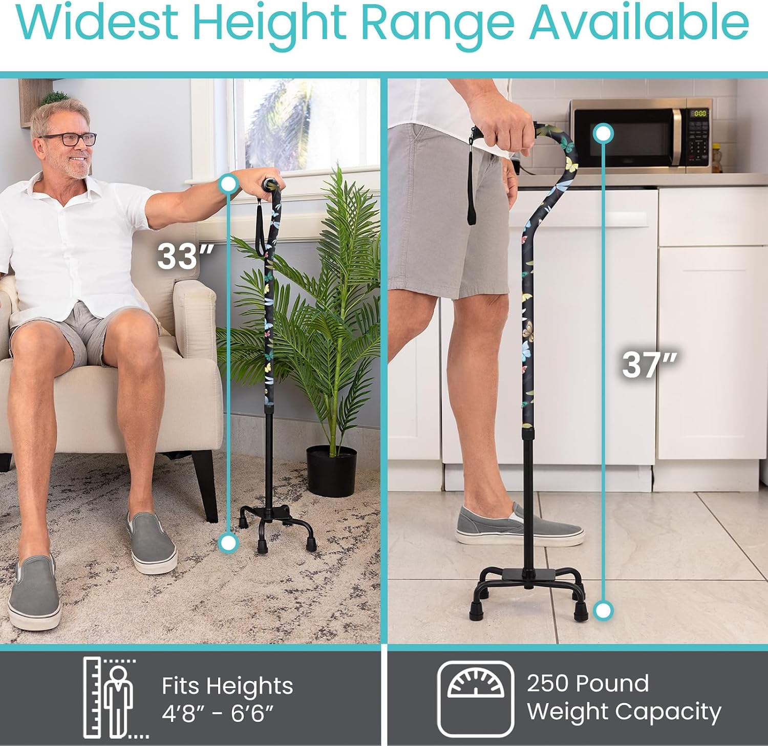 Vive Quad Cane - Walking Stick for Men and Women - Lightweight Adjustable Staff - Comfortable Right and Left Hand Grip for Stability Support - Four Prong Sturdy Aluminum Travel Aid - 4 Tip Blue | Senior 4 Prong Walking Stick for Stability & Balance- Righ…