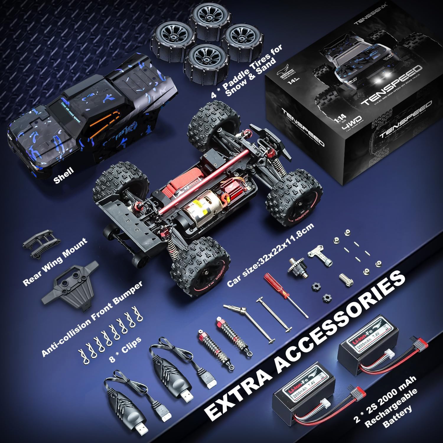 1:14 Scale RC Cars for Adults, 60KPH High Speed RC Truggy, 4X4 Off-Road Remote Control Truck, Waterproof Electric Car with 2S Battery