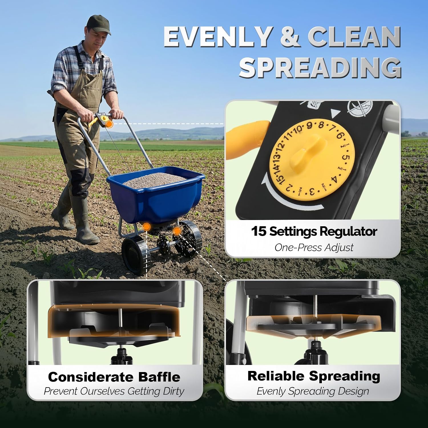 VINGLI 70lbs Fertilizer Spreader with 15 Adjustable Drop Rate, Pre-Assembled Walk-Behind Seed Spreader, with 9" Tire for Multi-Terrain, Broadcast Spreader for Lawn Care & Seed Spreading