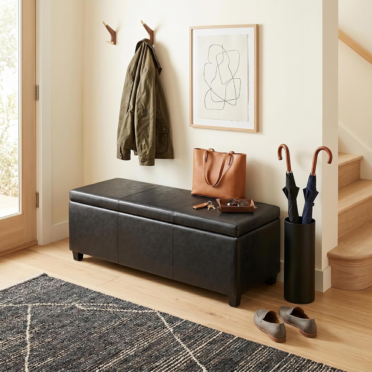 SIMPLIHOME Avalon 48" Wide Vegan Leather Storage Ottoman in Brown