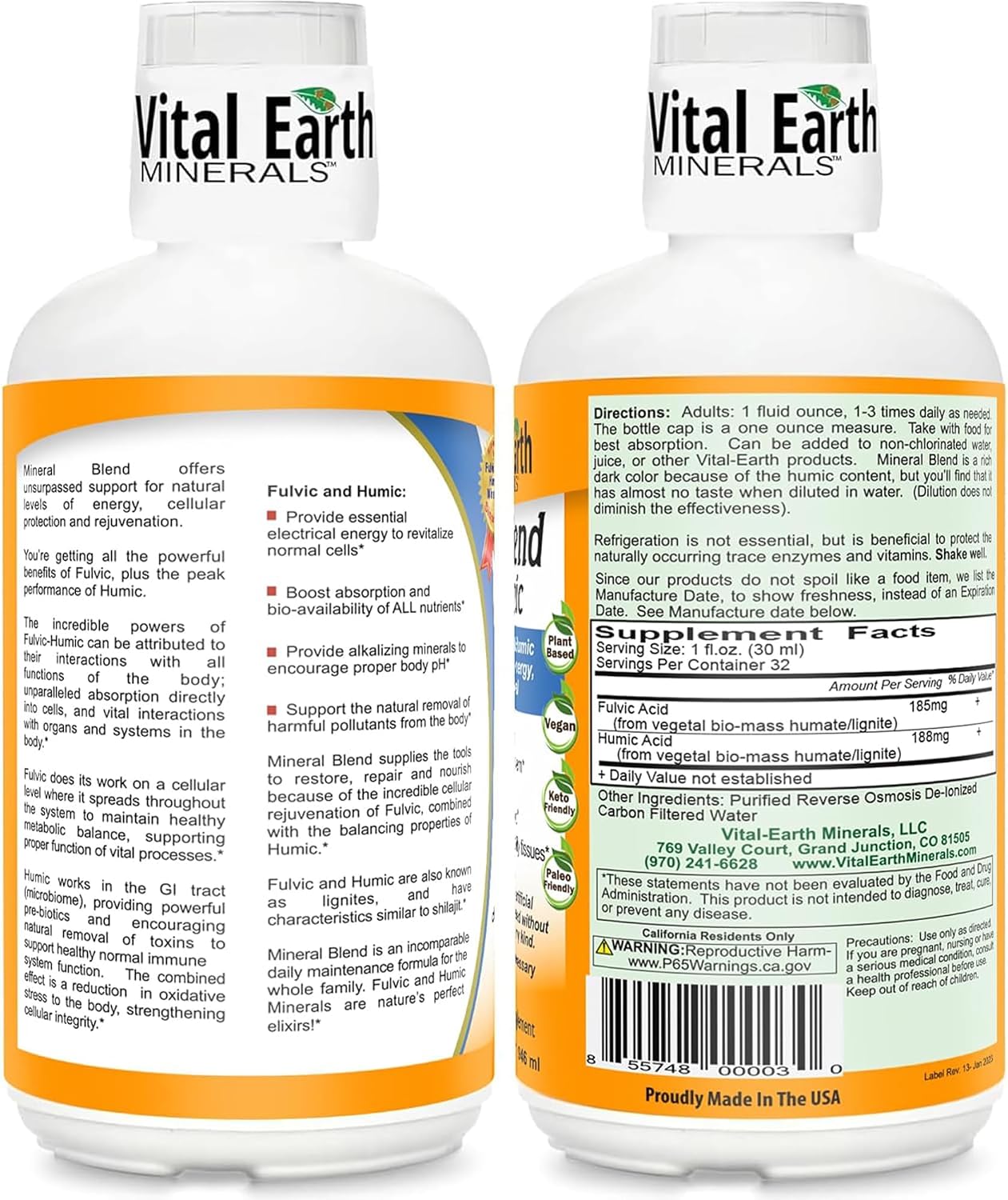 Vital Earth Minerals Fulvic Humic Mineral Blend Liquid 2-Pack – Fulvic Acid Supplement with 70+ Trace Minerals, Electrolytes for Recovery, Balance & Energy, 32 Oz Ea + 1 Oz Cup Ea