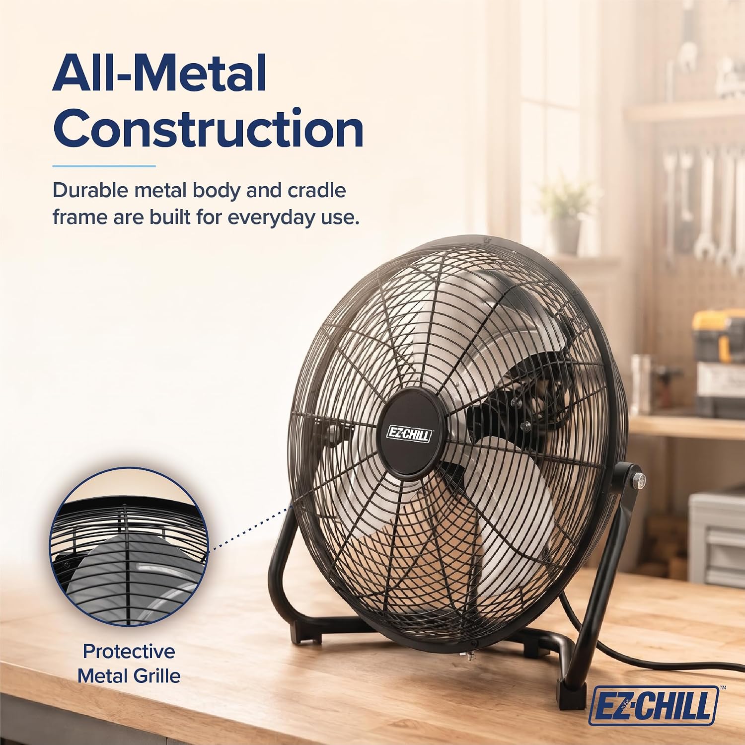EZ-CHILL 12” Cradle Floor Fan, 3 Speed, High Velocity, 180 Degree Adjustable Tilt, All-Metal, Carry Handle, Rubber Feet, Airflow 15.42 ft/sec, Ideal for Home, Bedroom & Office, Black