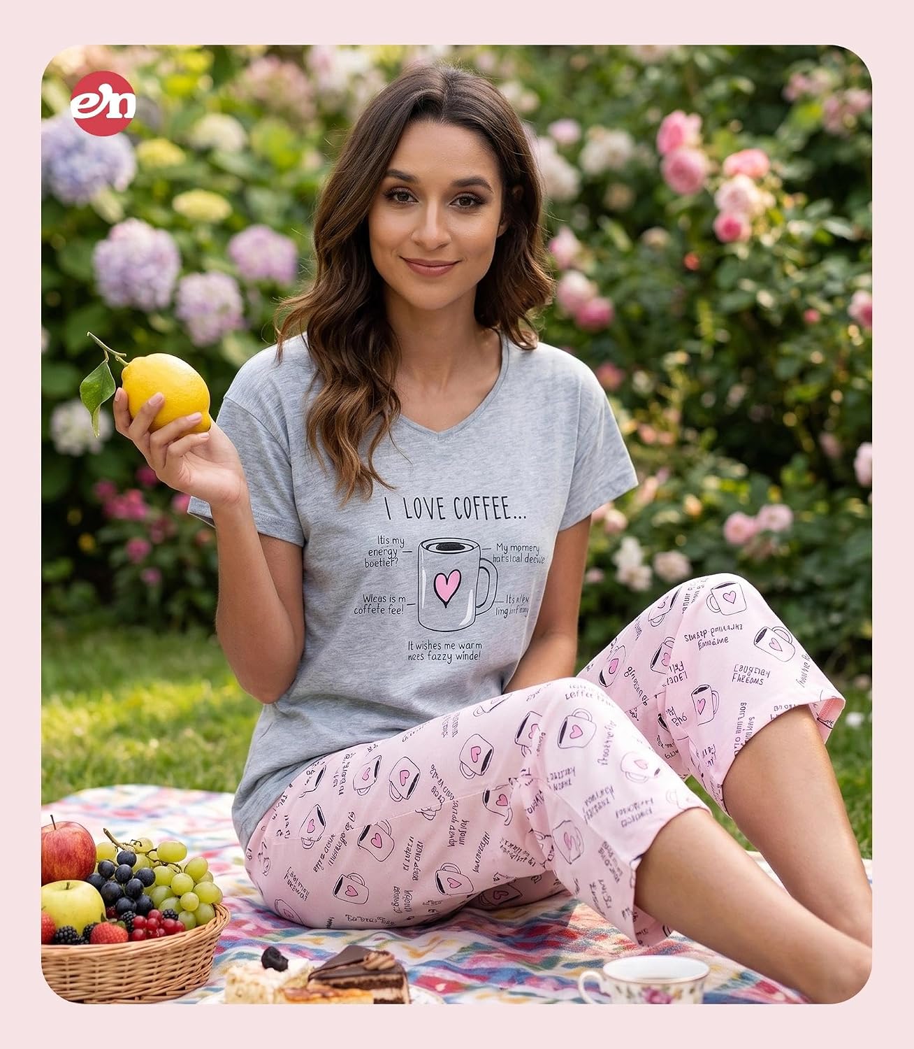 ENJOYNIGHT Womens Pajama Set Cotton Short Sleeve Top With Capri Pants Pj