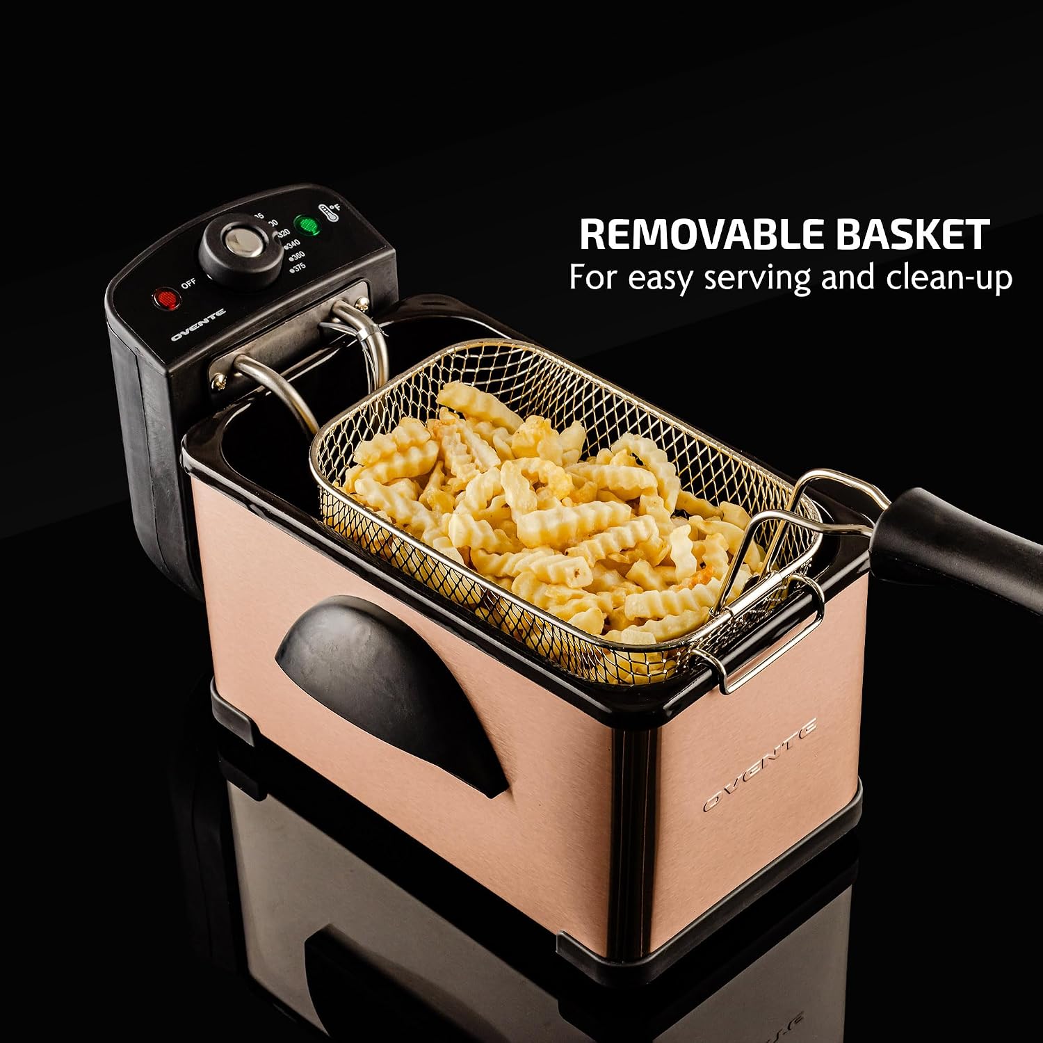 OVENTE Electric Deep Fryer, 0.9L Capacity, 840W, Silver FDM1091BR | Adjustable Temperature Knob, Locking Lid, Removable Frying Basket and Cool Touch Handle, Easy to Clean Stainless Steel Body