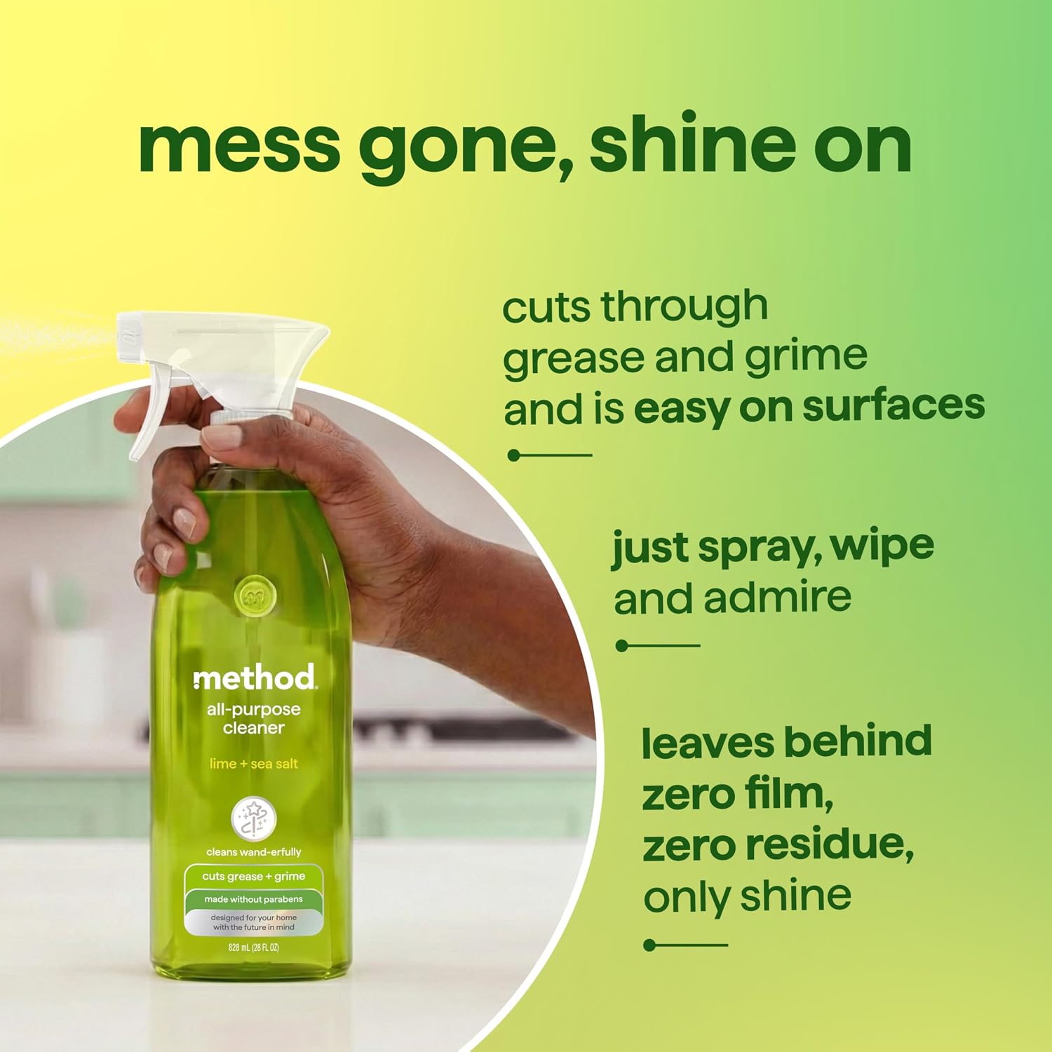 method All-Purpose Cleaner Spray, Lime + Sea Salt, 28 fl oz | Cuts Grease & Grime on Counters, Glass, Sealed Wood & Floors, for Kitchen & Bathroom, Controlled Mist, Streak Free