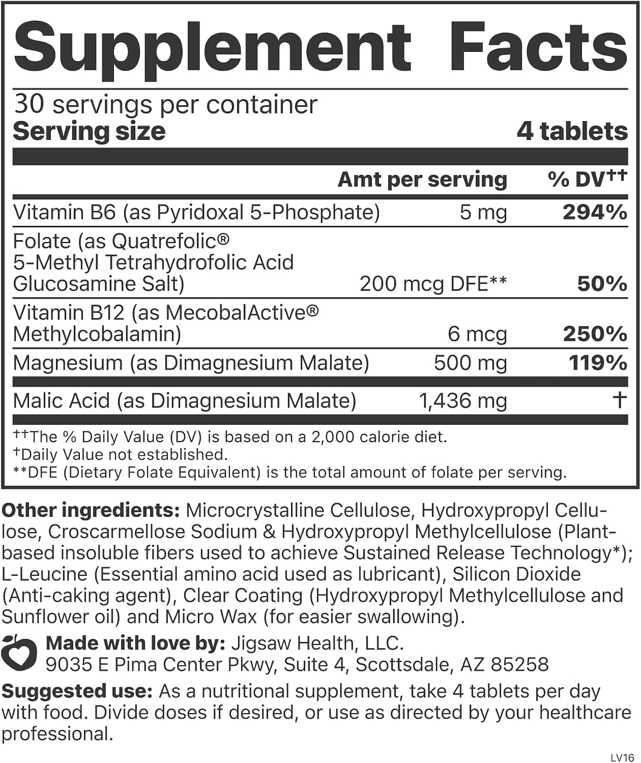 Jigsaw Health MagSRT | Magnesium Supplement with Vitamin B6, Folate & B12 | 240 Tablets | 60 Servings