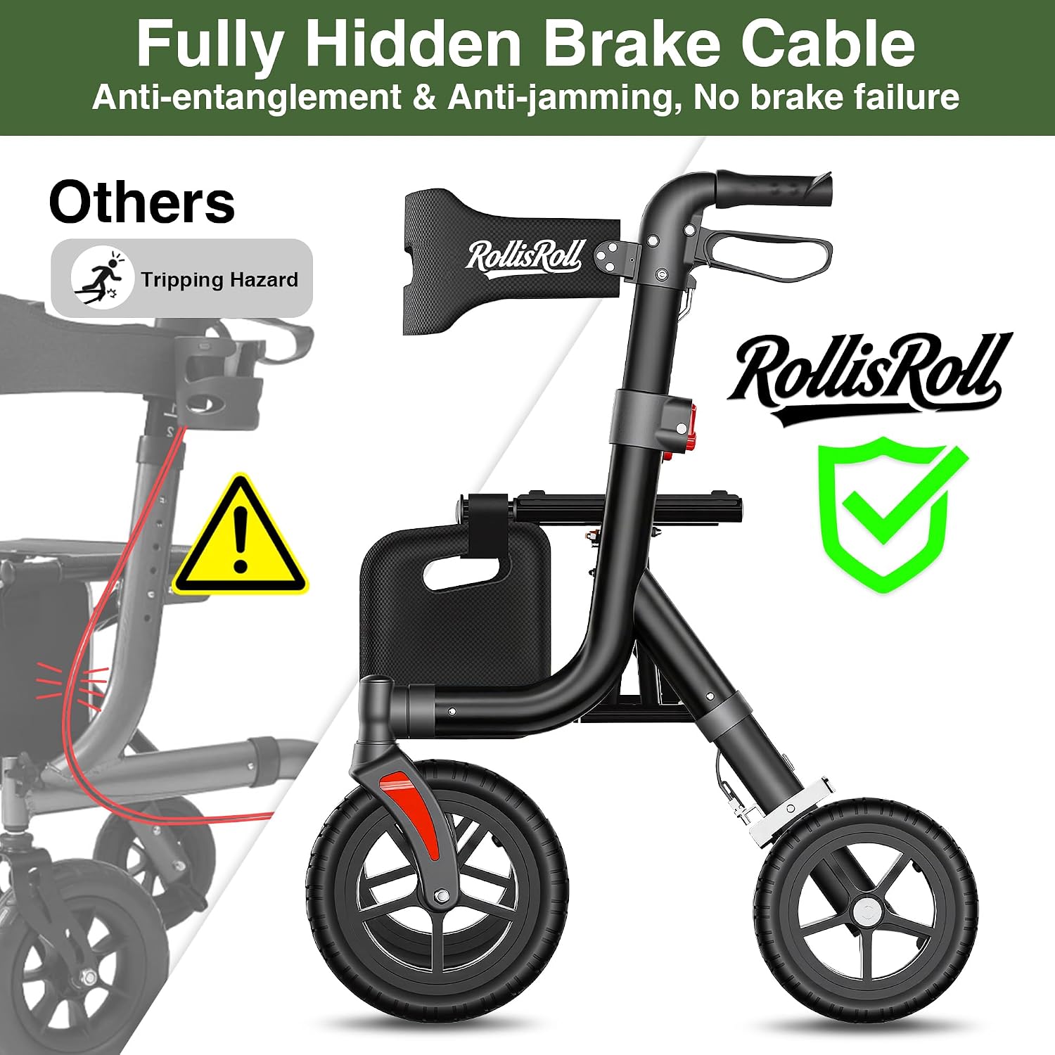 Walkers for Seniors, Rollator Walker with Seat, 10" Big Rubber Wheels All Terrain Rolling Walker, Lightweight Foldable Rollator Walker, Built-in Cable, Reinforced Aluminum Frame, Orange