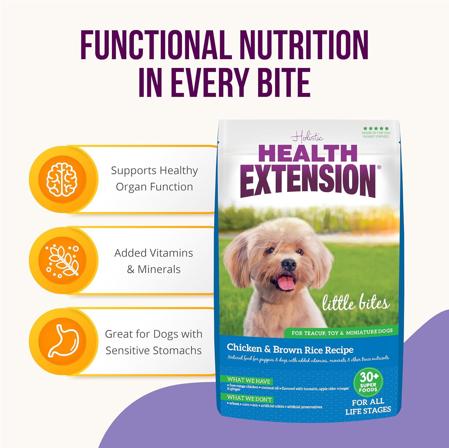 Health Extension Little Bites LITE Dry Dog Food, Chicken & Brown Rice for Toy and Small Breeds, Supports Healthy Weight, with Probiotics & Superfoods for Digestion & Coat Health, 4 lb Bag