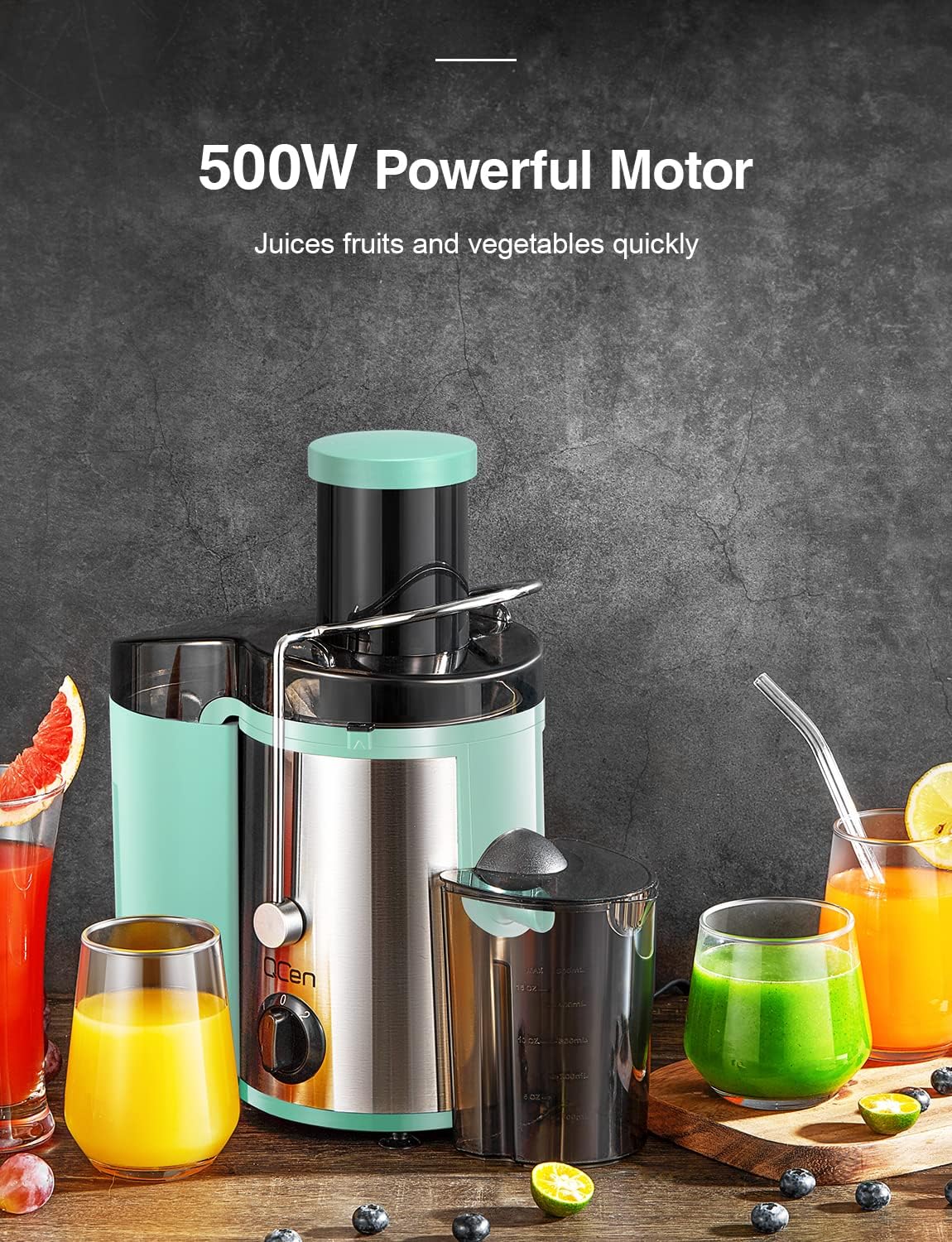 QCen Juicer Machine 500W Centrifugal Juicer with Extra Wide Feed Chute