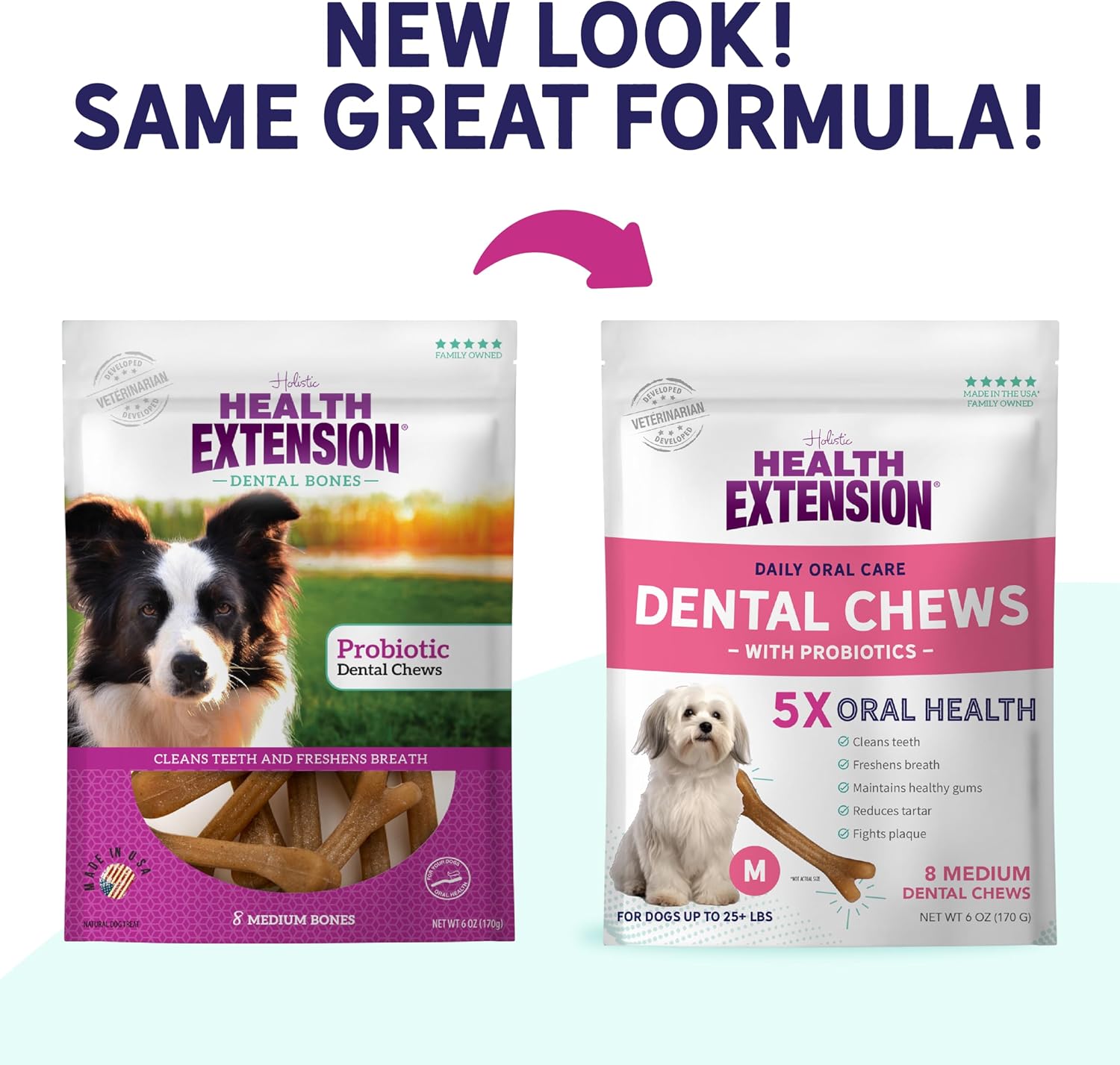 Health Extension Probiotic Dental Bones for Dogs, 14 Small Bones, Cleans Teeth, Healthy Gums, Freshens Breath, Training or Reward, 6 oz Bag (Pack of 1)
