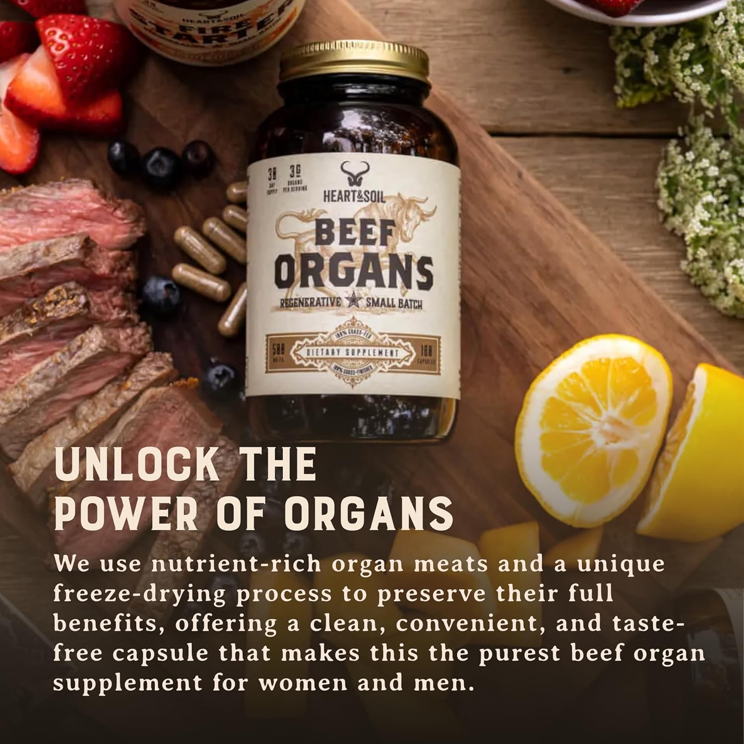 HEART & SOIL Beef Organs Supplement, 180 Capsules