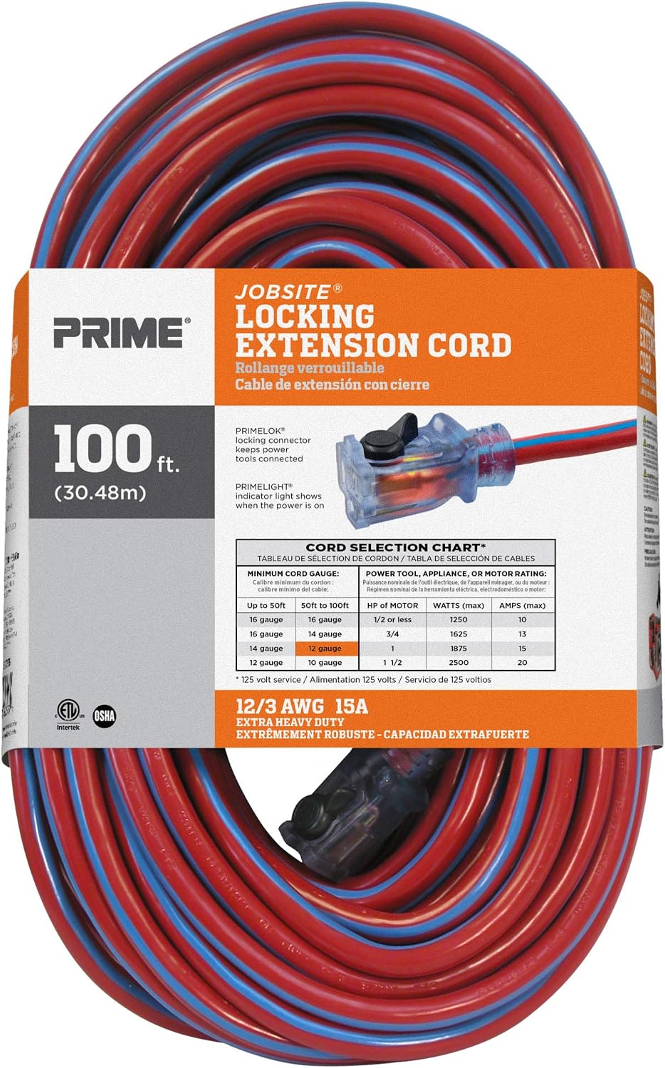 Prime KCPL507825 12/3 SJTW Locking Cord, Red and Blue, 25-Feet