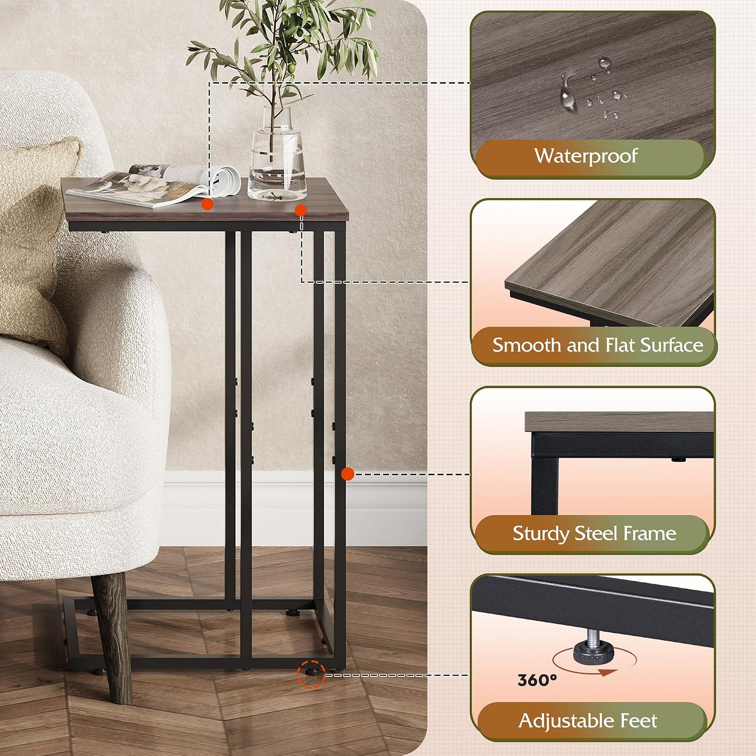 WLIVE C Shaped End Table, Small Side Tables for Sofa and Bed, Couch Table that Slides Under for Living Room, Bedroom, Home Office, Small Spaces