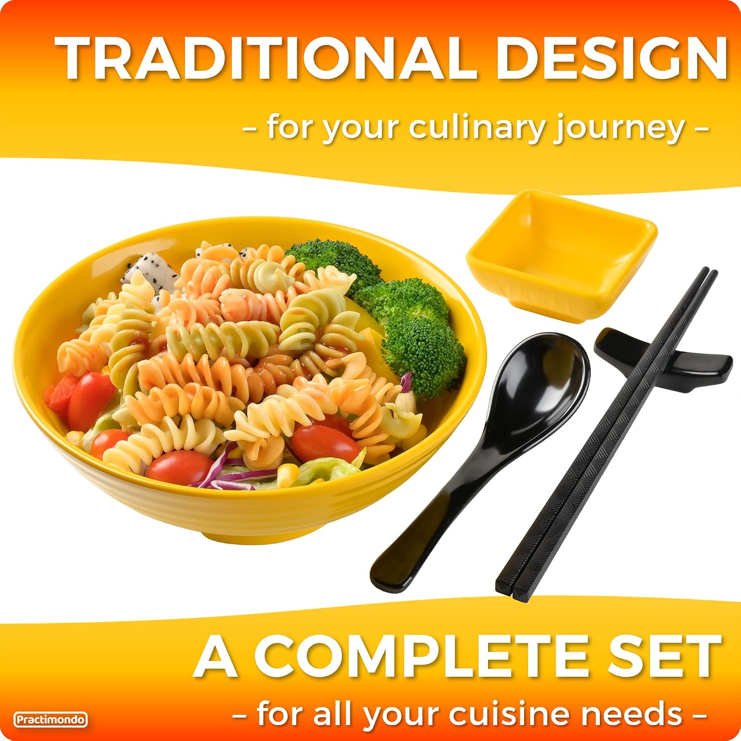 Unbreakable Ramen Bowl Set with Chopsticks and Spoon: 2 large Japanese Style Melamine Ramen Bowls