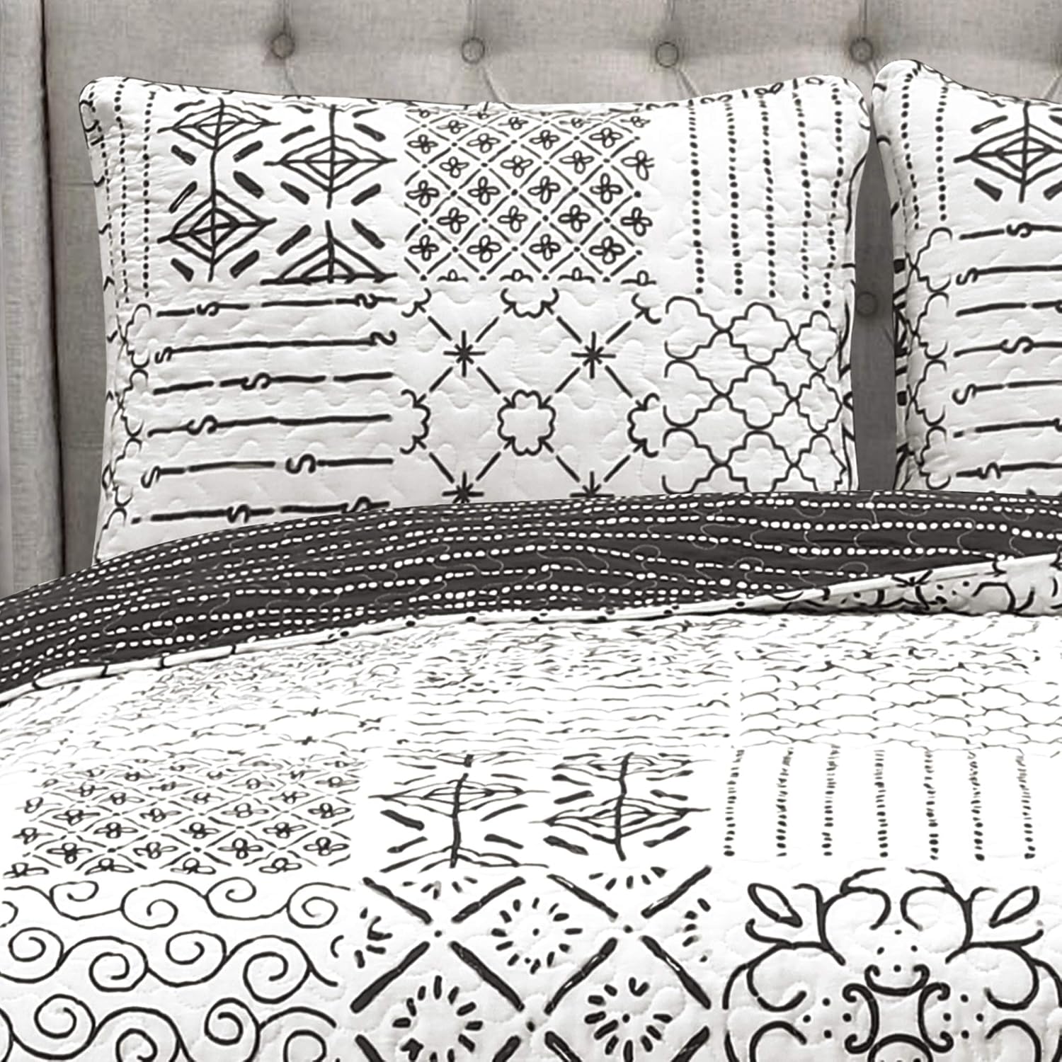 Lush Decor Monique 3 Piece Reversible Print Pattern Blue Quilt Set - Full Queen