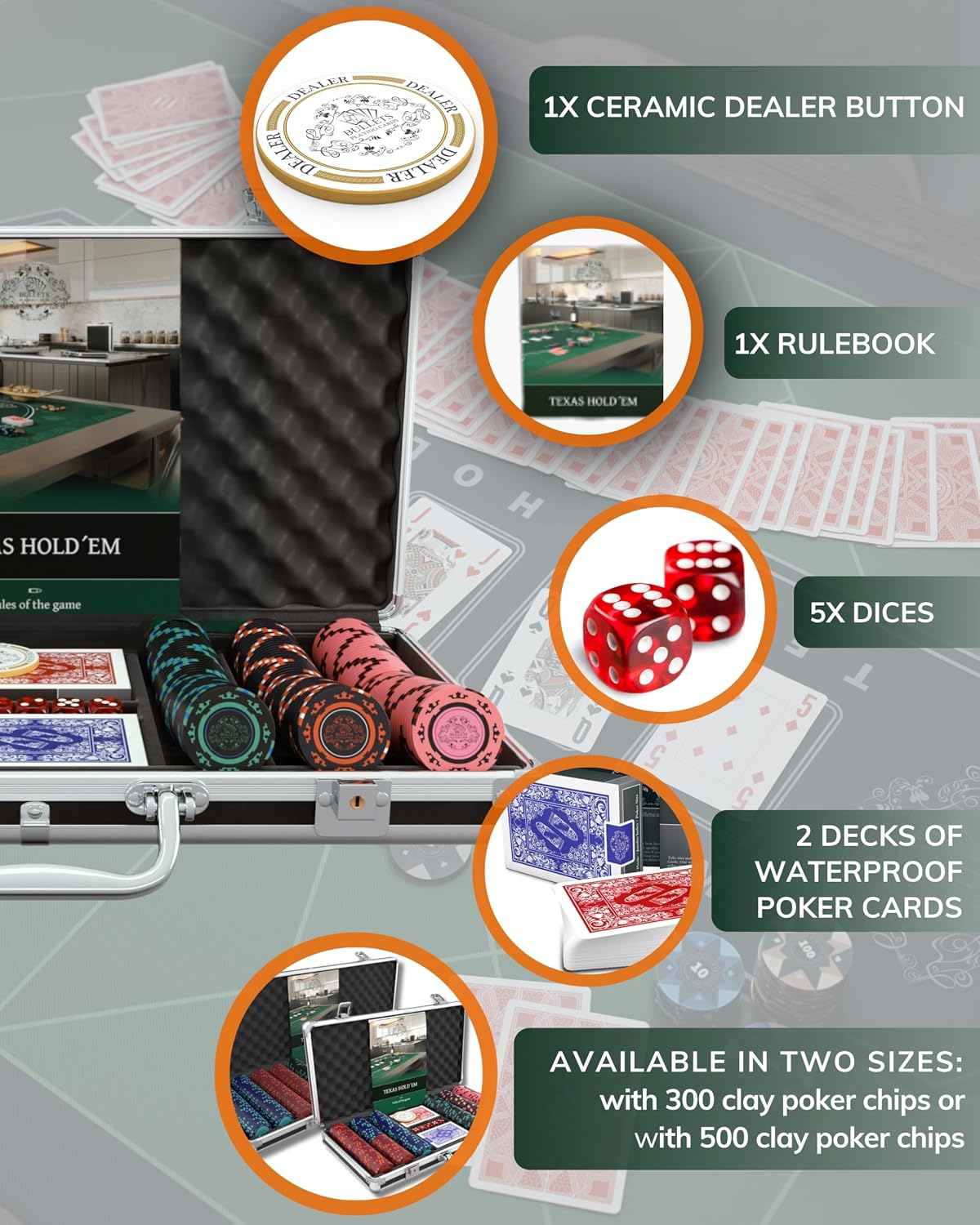 Bullets Playing Cards | Poker Set Corrado | 500 Clay Poker Chips (14 g) with Aluminum Case & Playing Cards – Texas Hold’em
