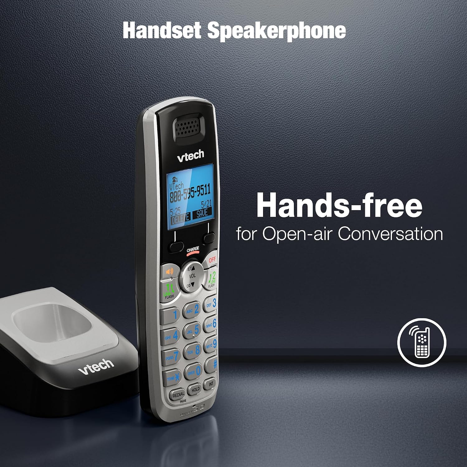 VTech DS6101 Accessory Handset for DS6151 Series, Black/Silver | 2-Line Cordless Phone, Answering System, Expandable up to 12 Handsets, Intercom & Conference