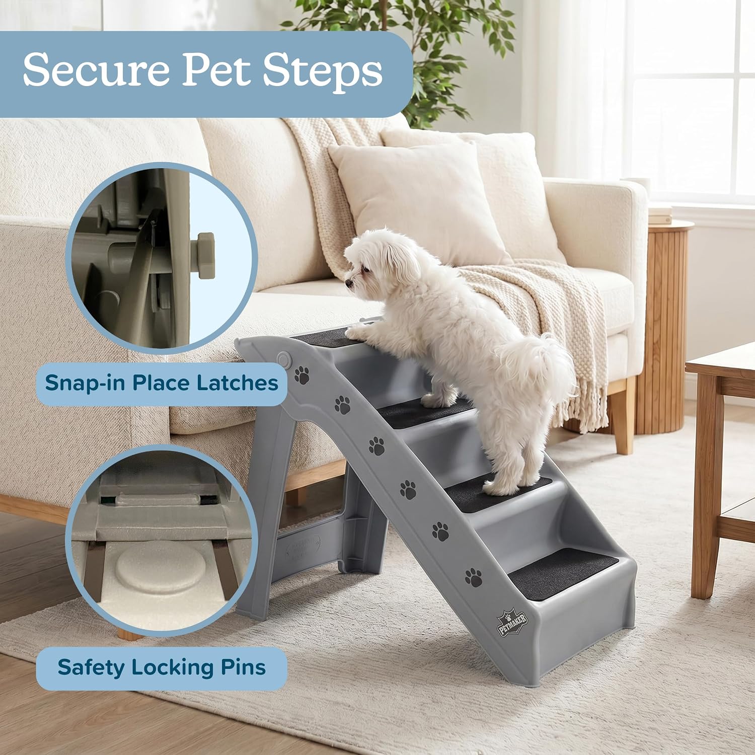 Pet Stairs - Home and Vehicle Foldable Nonslip Dog Steps with 4-Step Design - For Puppies, Kittens, and Other Small Pets by PETMAKER (Tan)