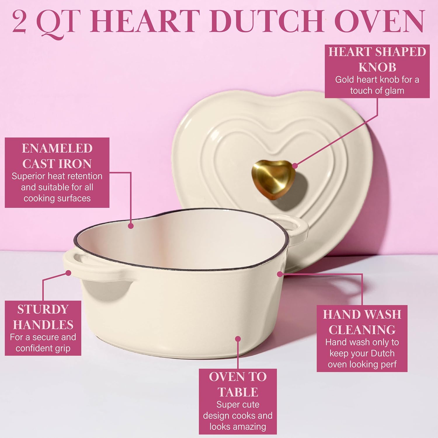 Paris Hilton Enameled Cast Iron Dutch Oven Pot with Lid, Heart-Shaped Dutch Oven, Durable Cast Iron Pot with Dual Handles, Oven Safe to 500°F, Works on All Stovetops, 2-Quart, Cream