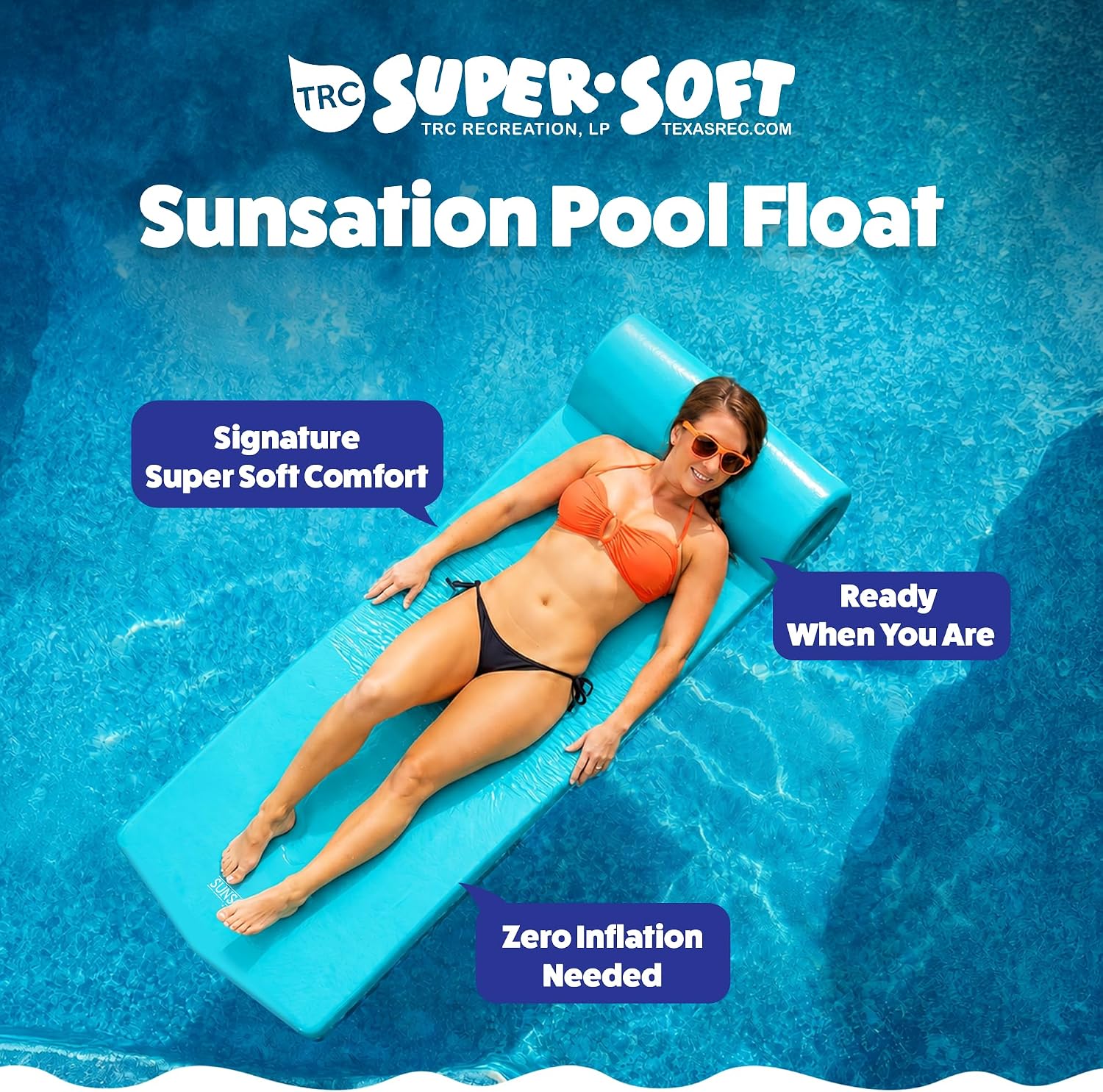 TRC Recreation Sunsation 1.75" Thick Foam Pool Float Lounger w/ Headrest for Lounging & Sunbathing in Swimming Pools, Beaches & Lakes, 70" x 26