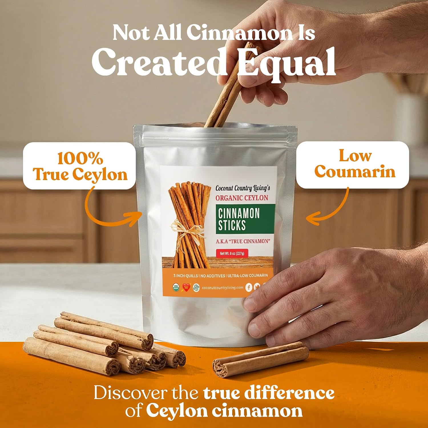 Organic Ceylon Cinnamon Sticks 8 oz - Whole Sticks from Sri Lanka, USDA | True Cinnamon 3" Quills, Fair Trade, Non-GMO, Gluten Free, Low Coumarin, Naturally Sweet Aroma, for Tea, Baking & Cooking