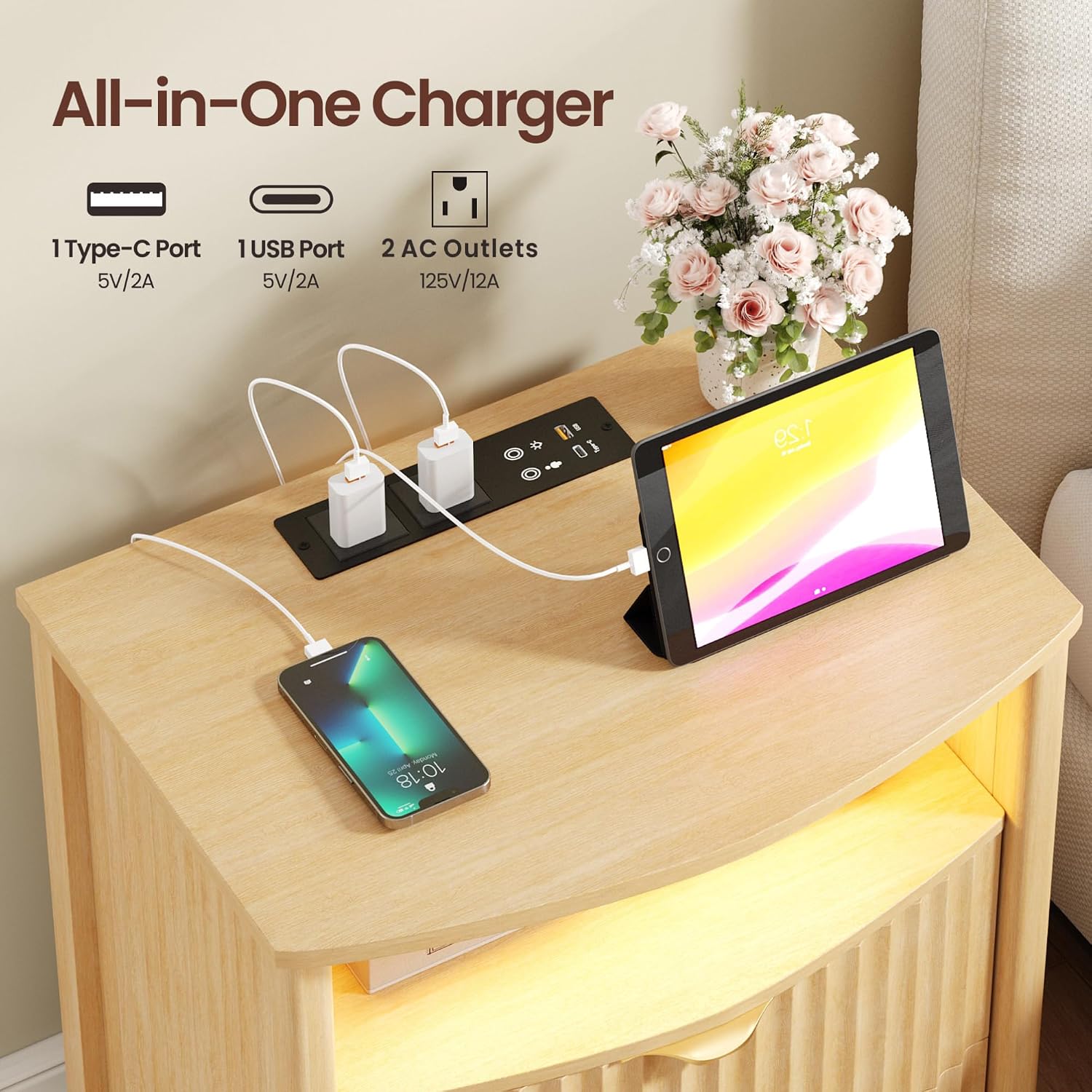 Dystler Fluted LED Night Stand with Hidden Gun Drawer & Charging | 19.7" W Curved Smart Bedside Table, 3-Color LED lights, 2 Drawers, Nightstand with Card-Lock, End Table for Bedroom, Walnut