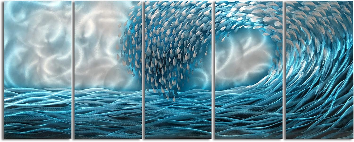 Yihui Arts Handcrafted 3D Metal Wall Art - Ocean Wave Sculpture, 5 - Panel Aluminum Decor for Living Room, Bedroom & Office